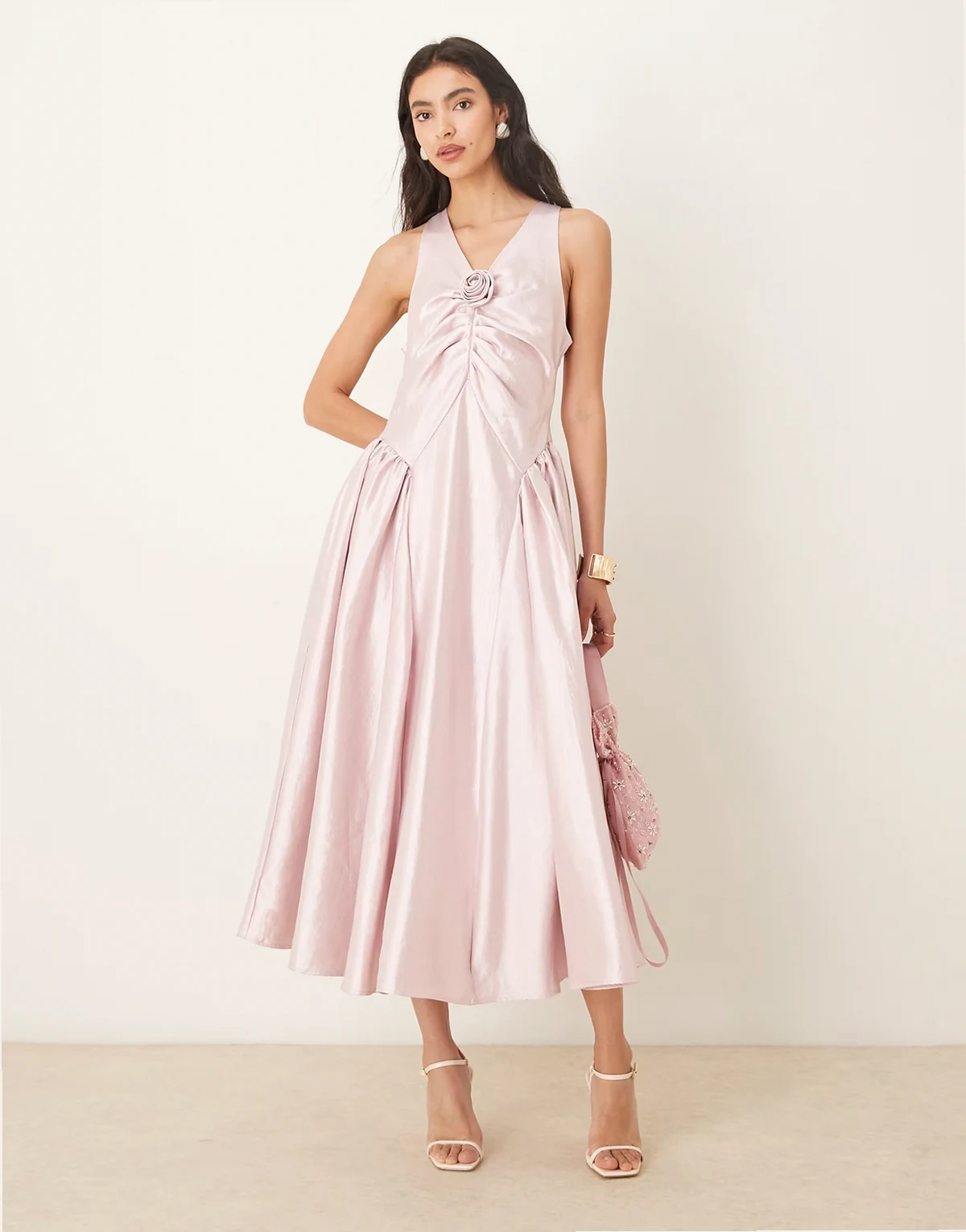 Muse sleeveless corsage detail hip pleats taffeta midaxi dress in blush pink
