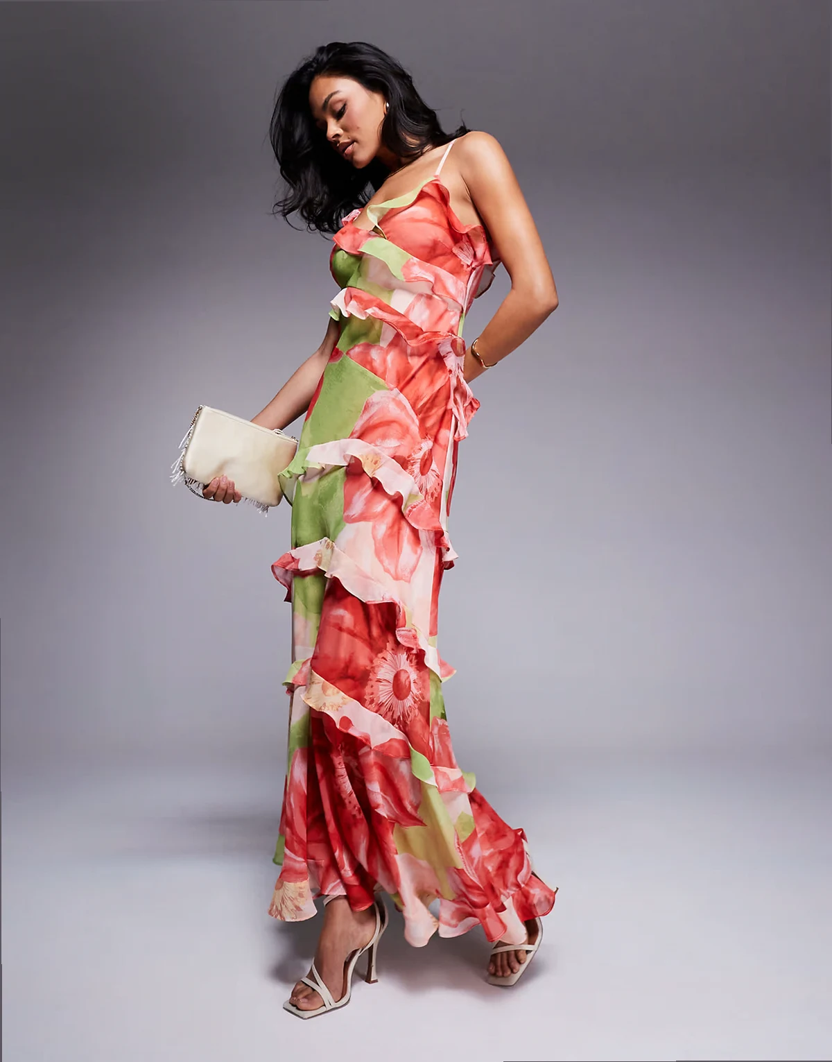 ruffles maxi dress in red and lime floral