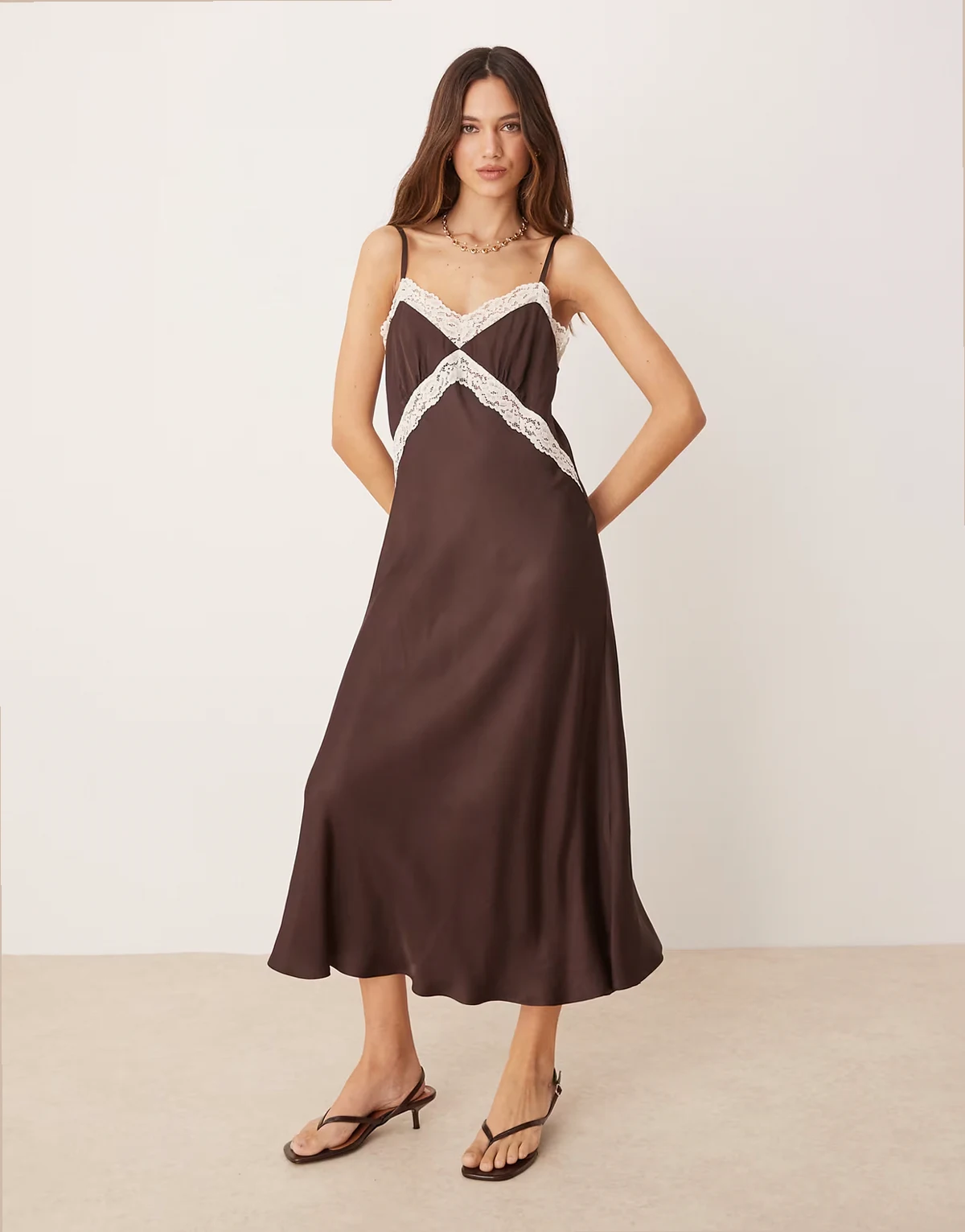 Solene lace trim maxi dress in chocolate and cream