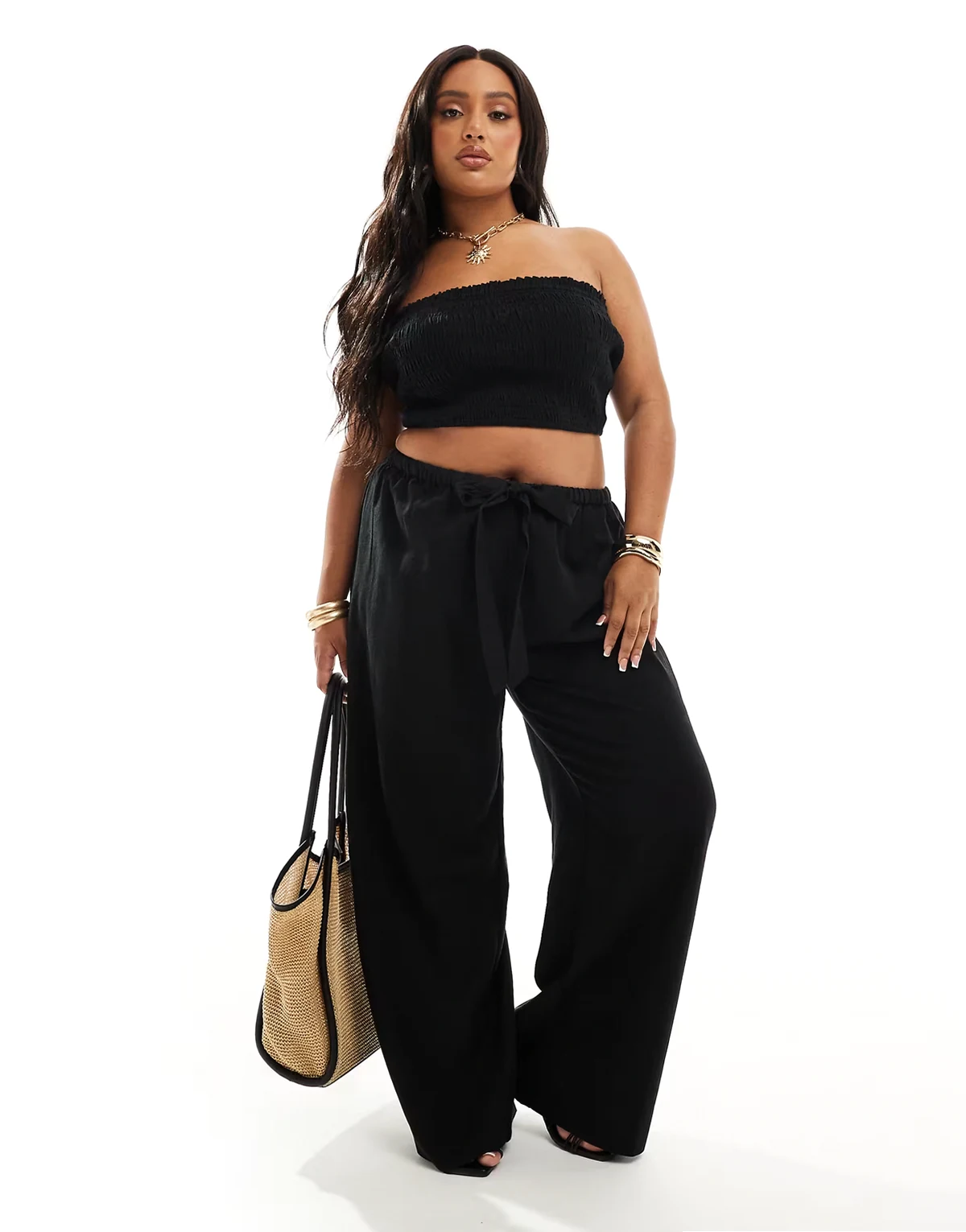ASOS DESIGN Curve Isabel mix & match linen look beach set in black