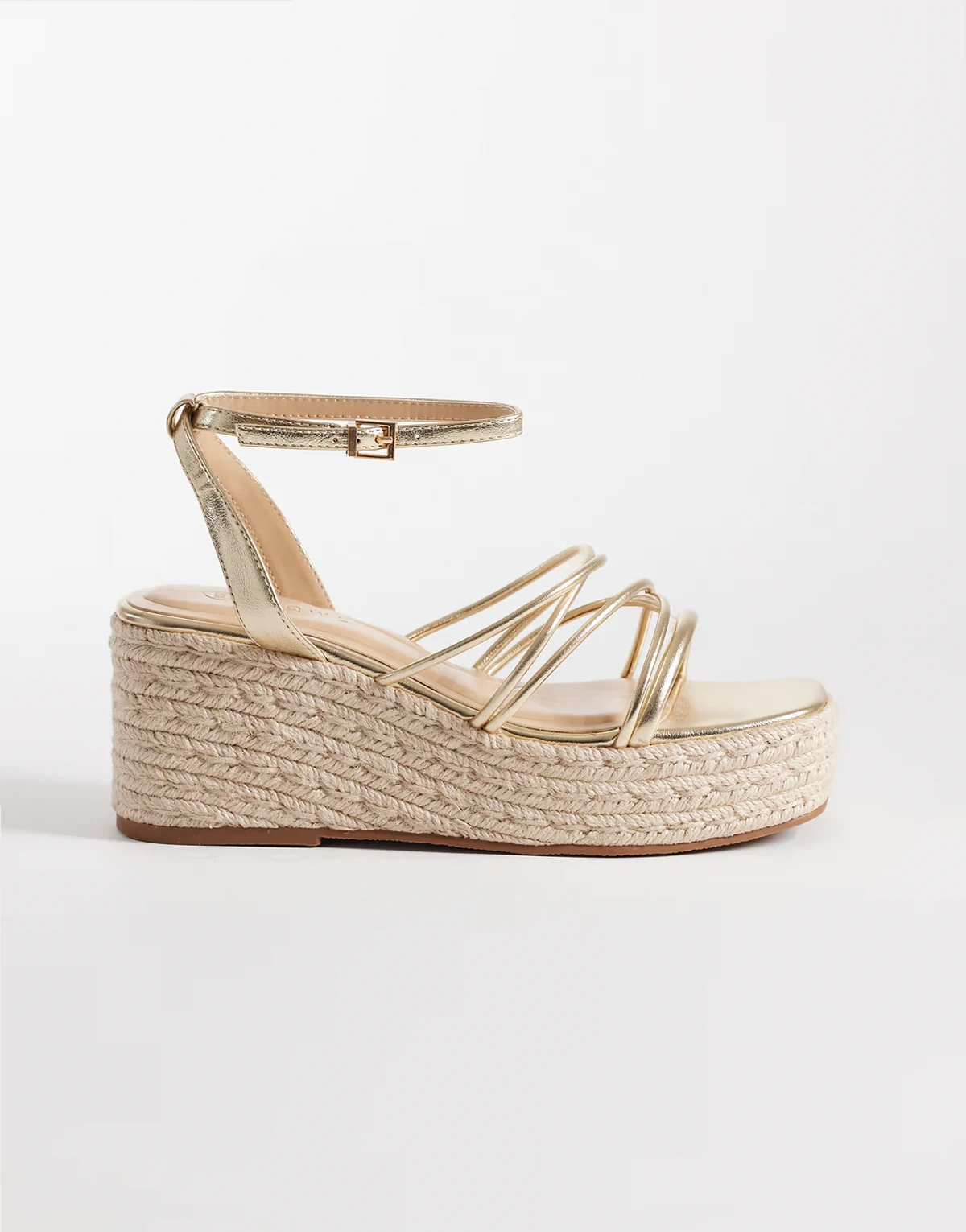 – Riemchen-Espadrilles in Gold mit Keilabsatz