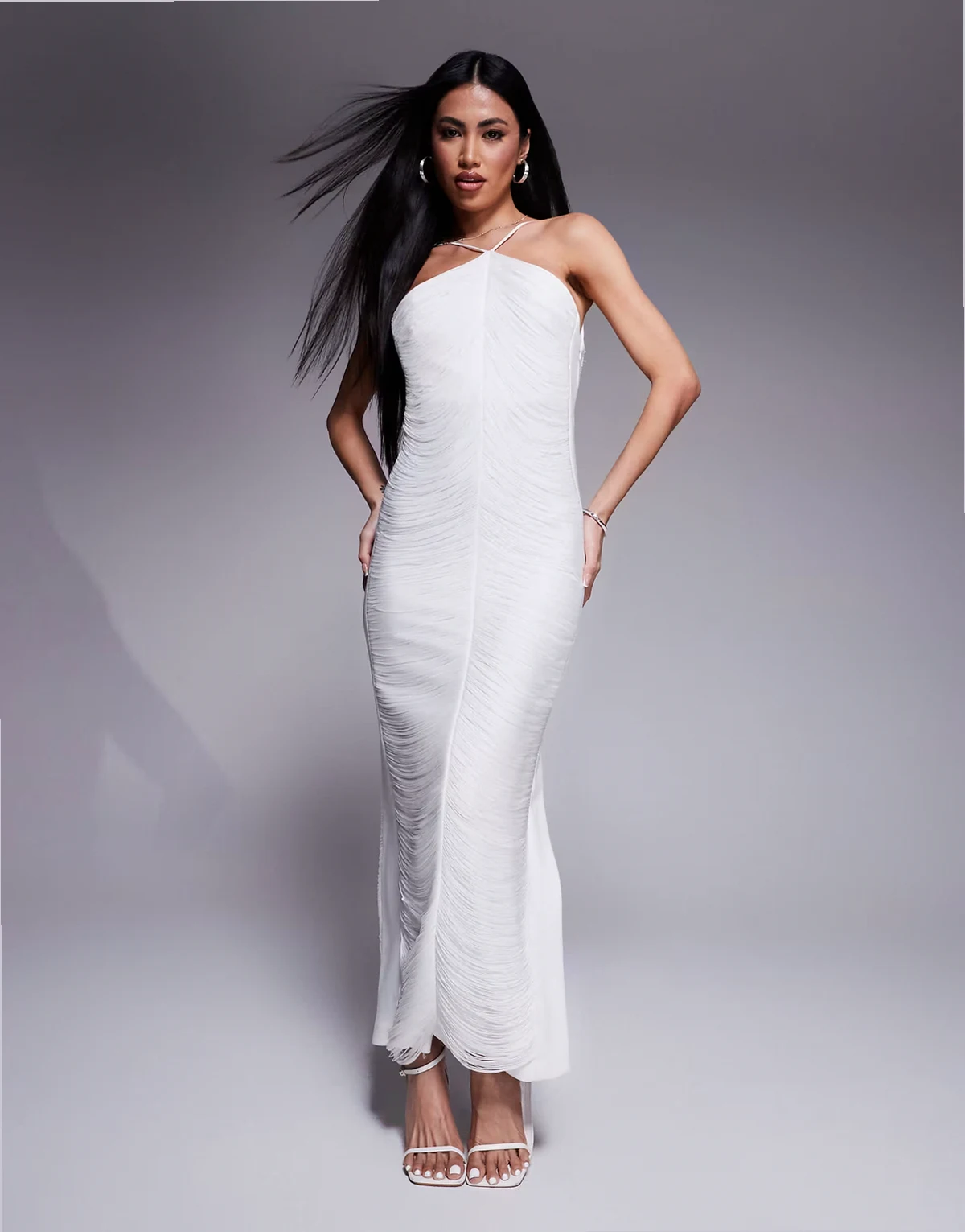 Bridal fringe drape midaxi dress in ivory