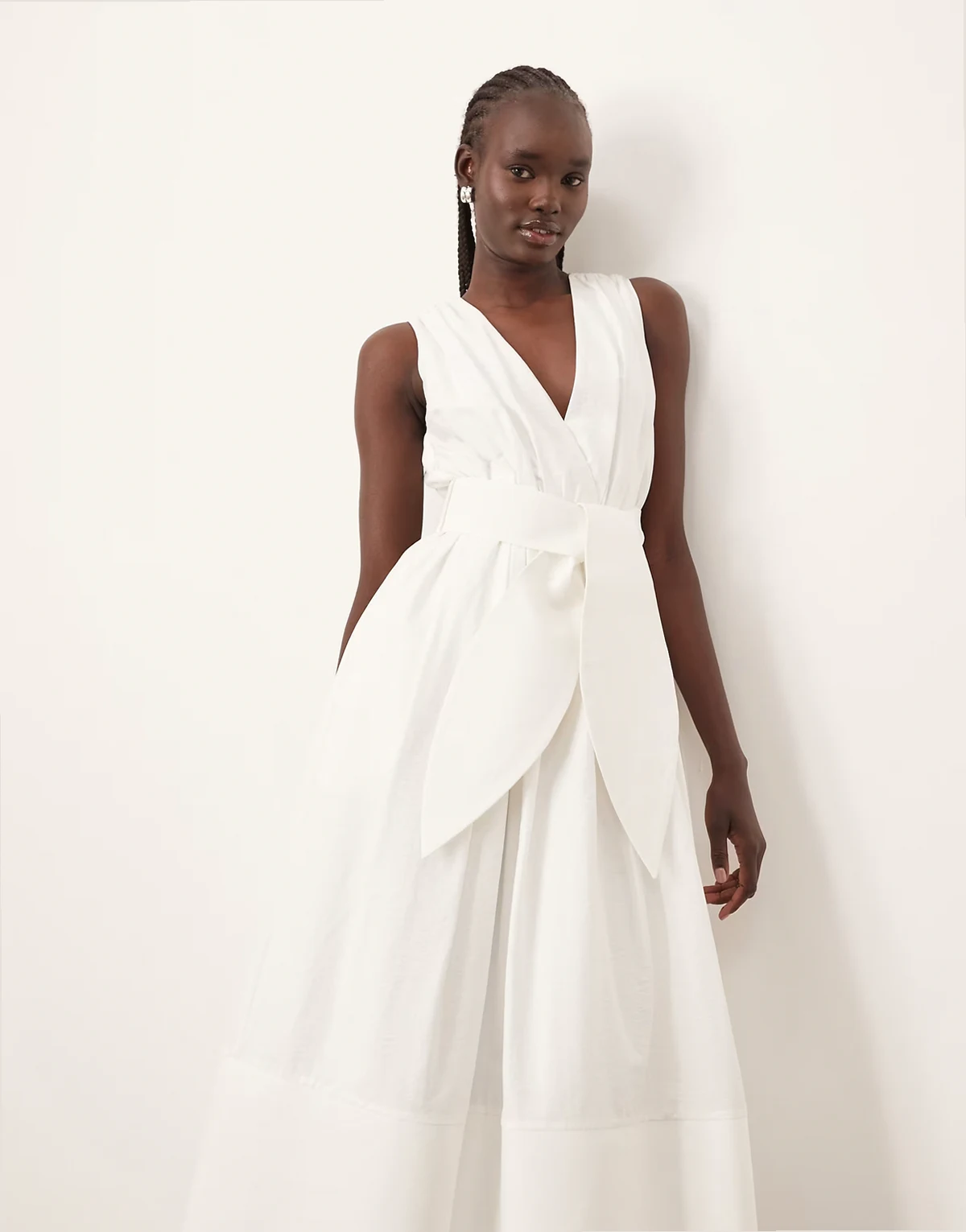 premium textured midi dress with v front in white