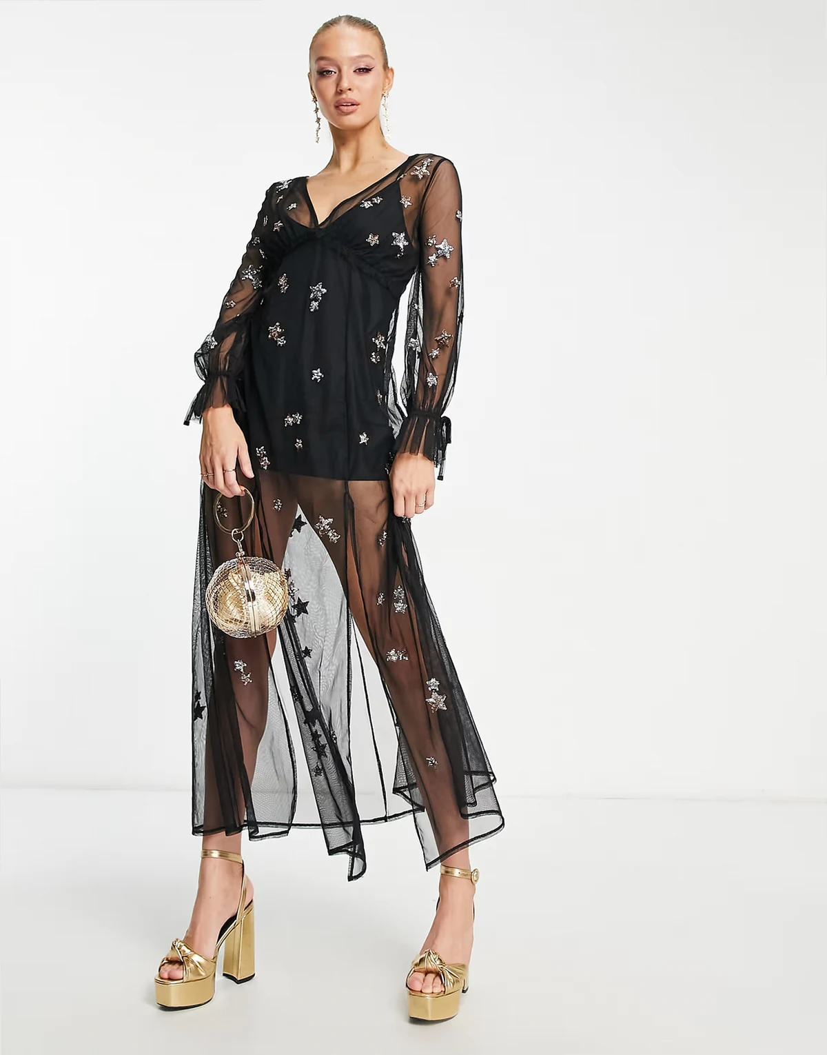 sequin star sheer mesh maxi dress in black