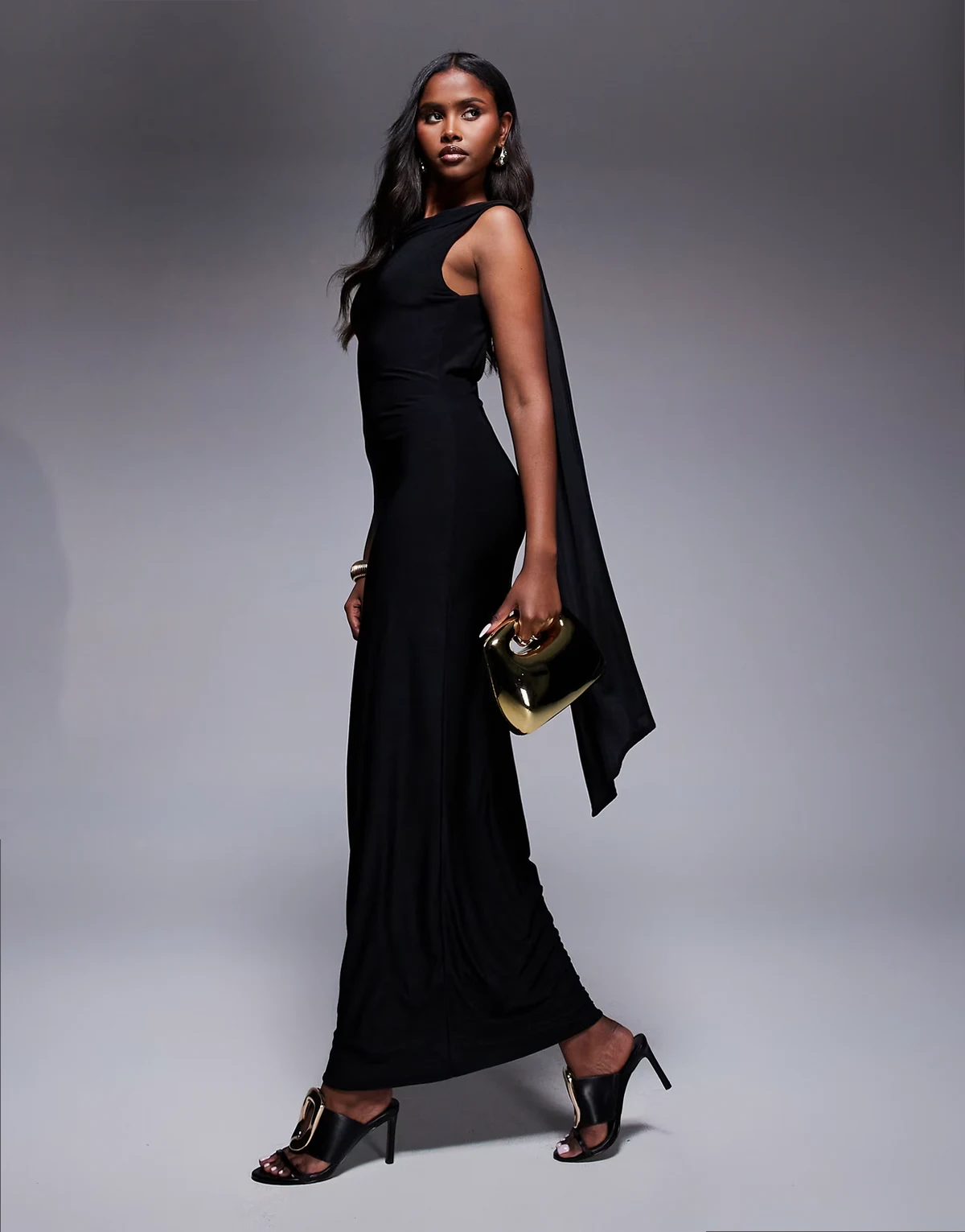 double sculpted slinky high neck open back scarf detail maxi dress in black