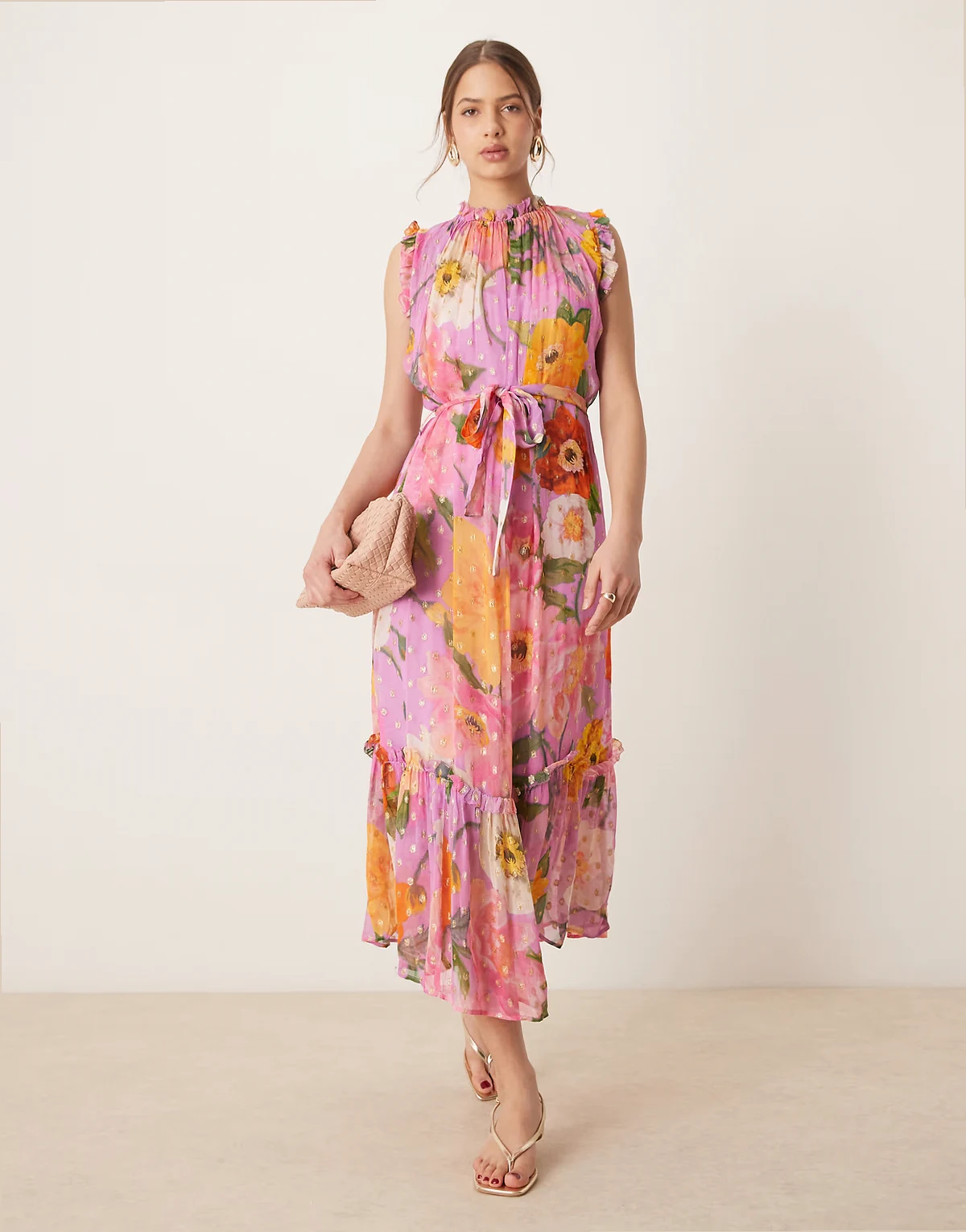 high neck ruffle midi dress with tie waist in pink print
