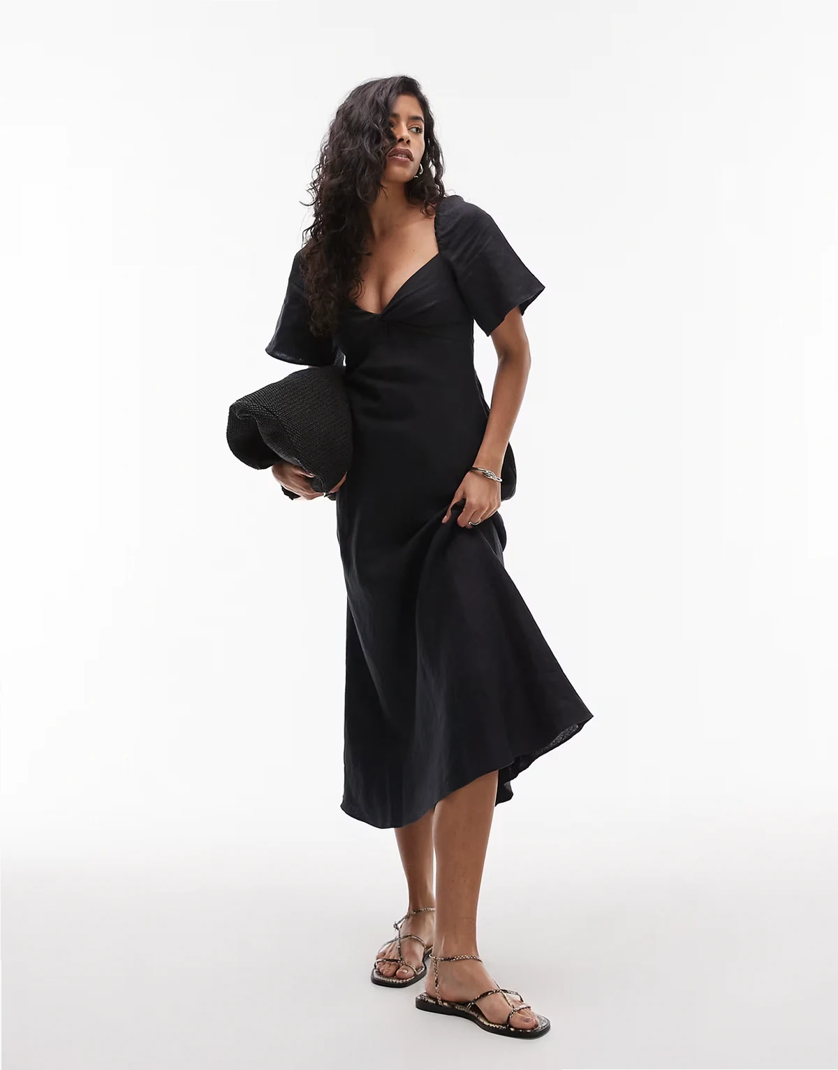 linen puff sleeve midaxi dress with twist sweetheart neckline in black