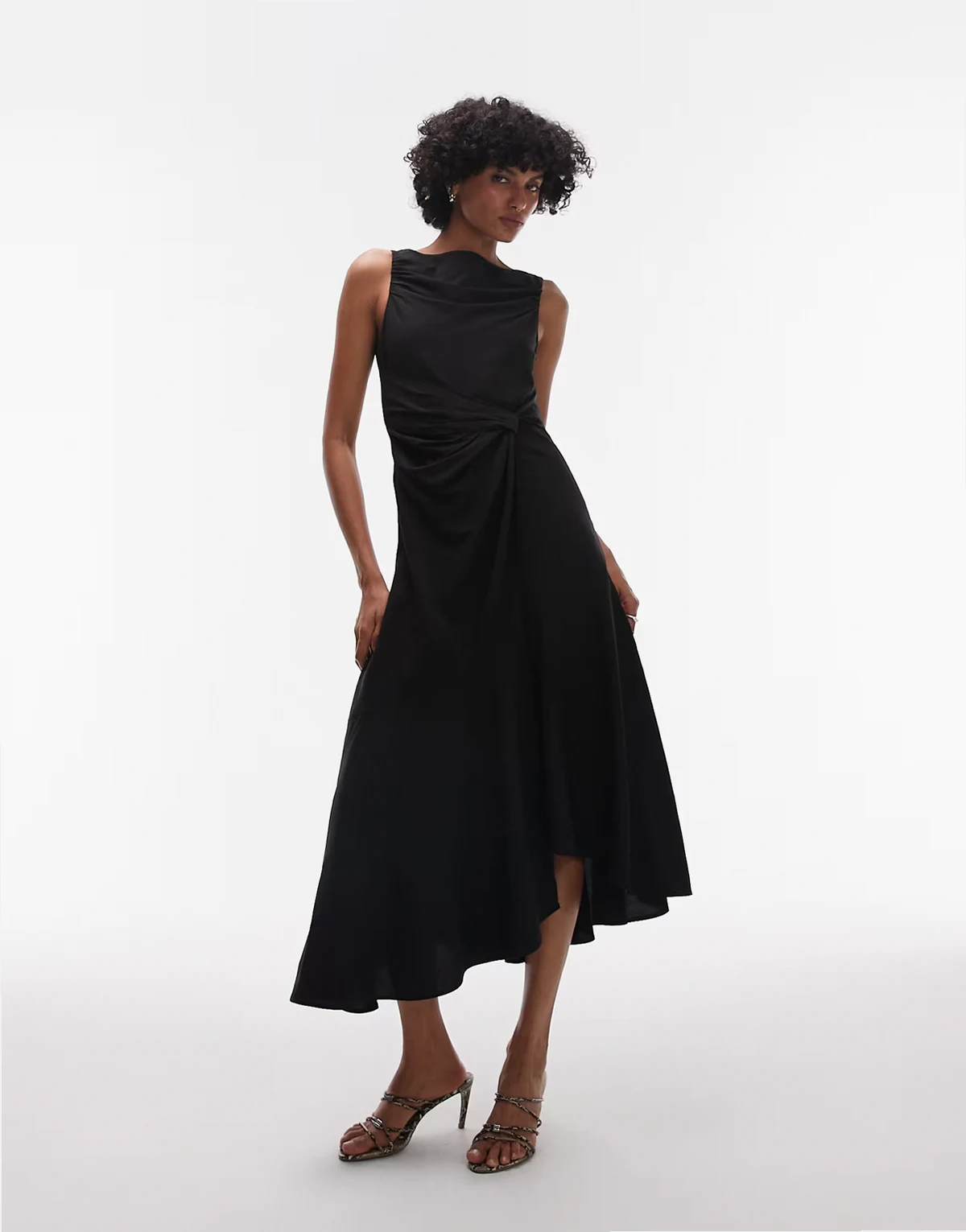 drapey midaxi dress with asymmetric flutter hem in black