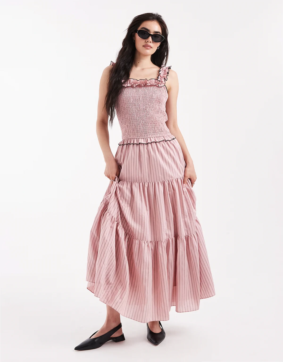 shirred bodice and ruffle straps maxi dress in pink stripes