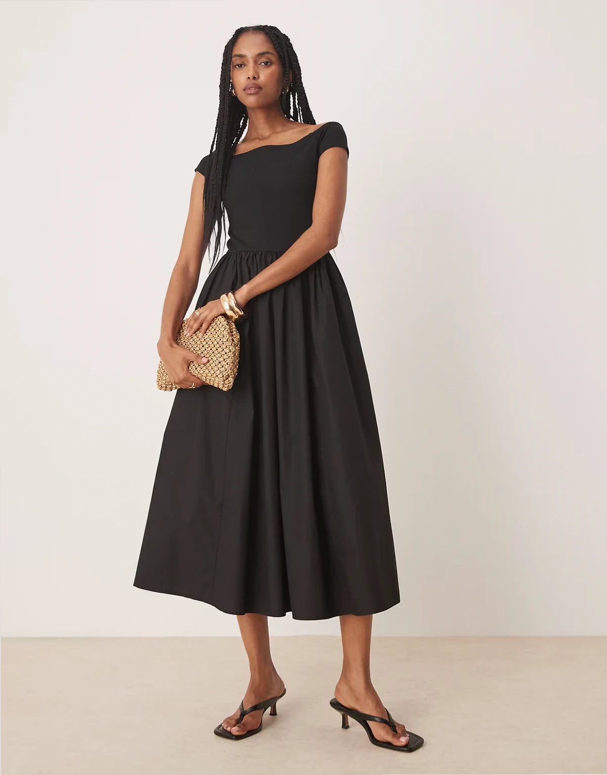 off the shoulder midi dress in black