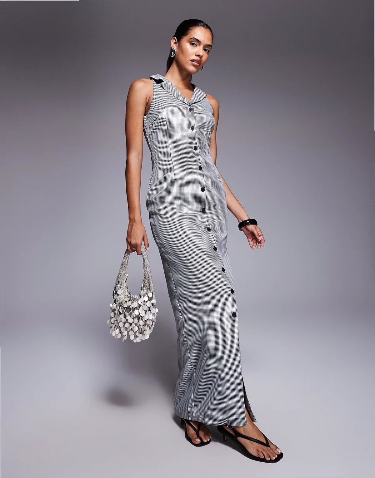 exclusive halter neck collared button through maxi dress in black gingham