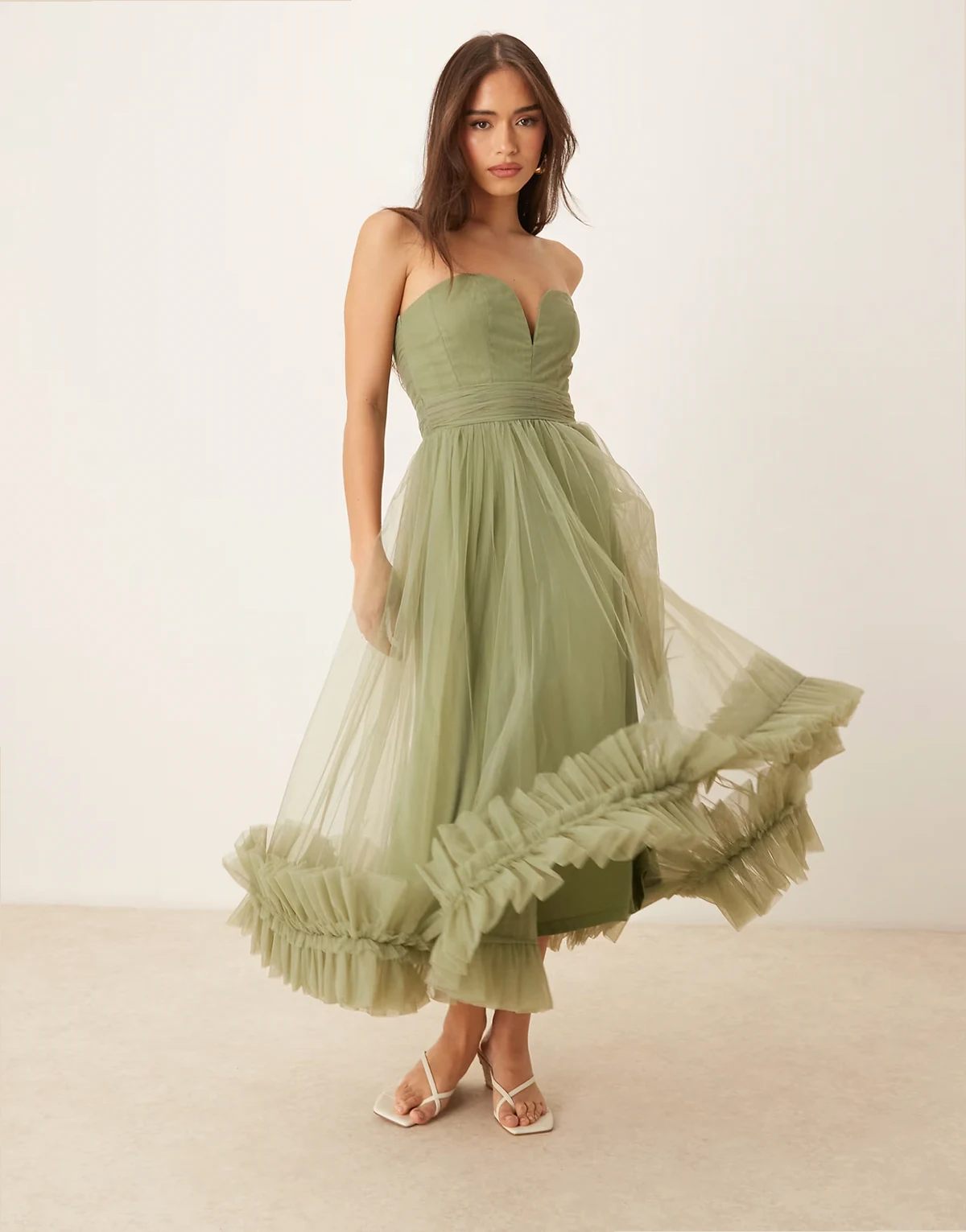 corset tulle ruffle hem midaxi dress in soft olive