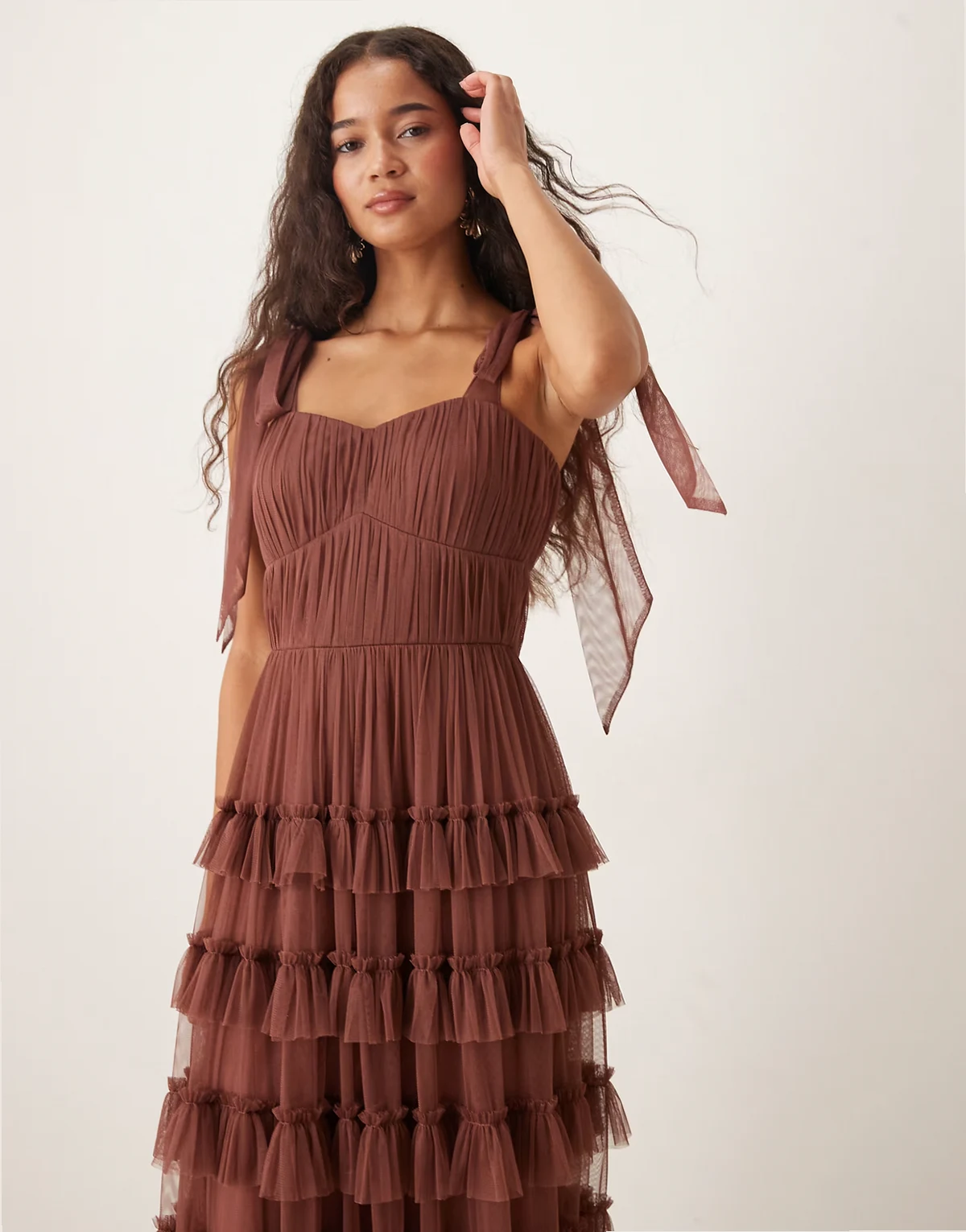 tulle bow shoulder midi dress in rose brown