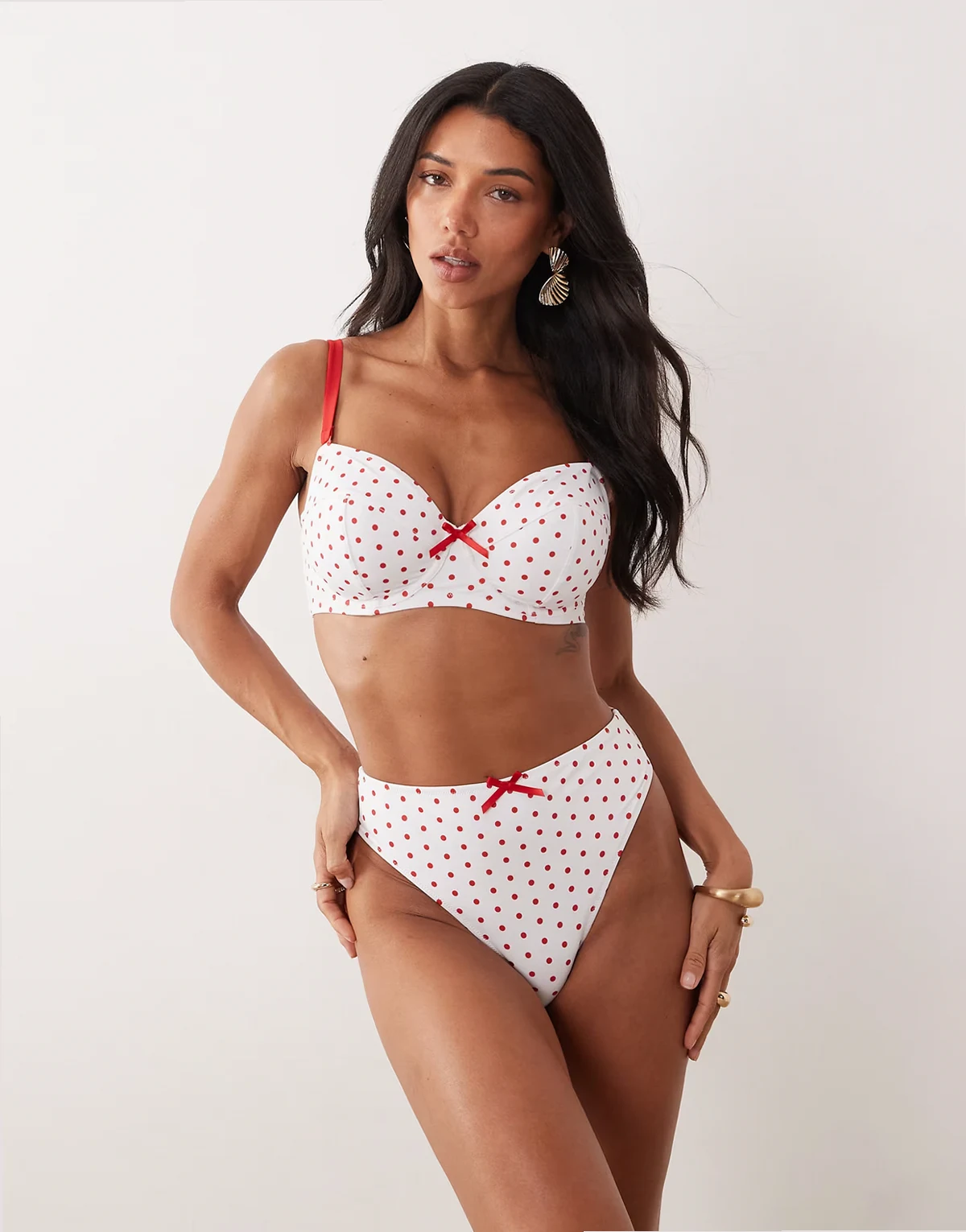 bikini with contrast straps in red & white polka dot