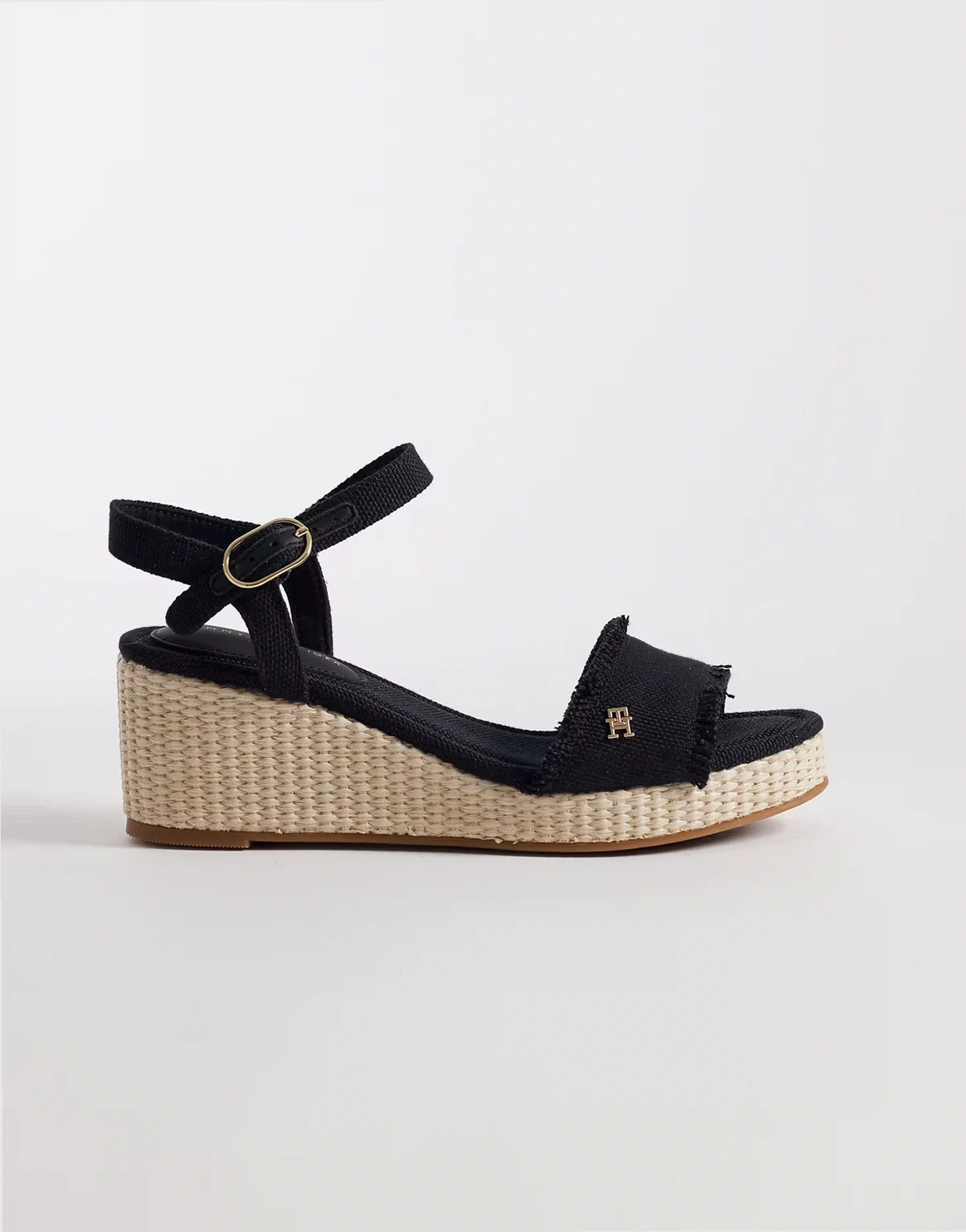 – Espadrilles-Sandalen in Schwarz und Beige mit mittelhohem Keilabsatz