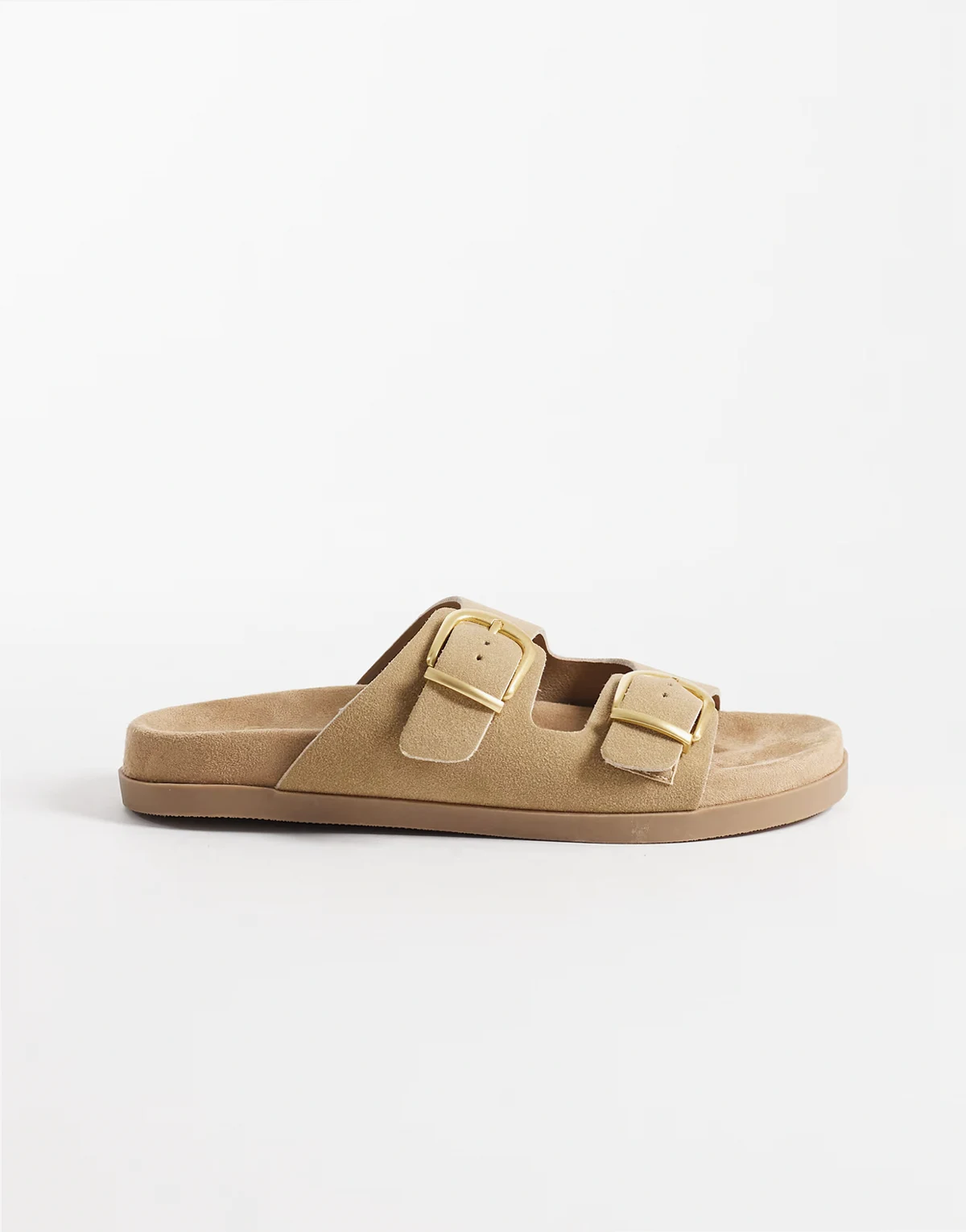 – Trish – Płaskie sandały z imitacji zamszu w kolorze taupe z dwiema klamrami