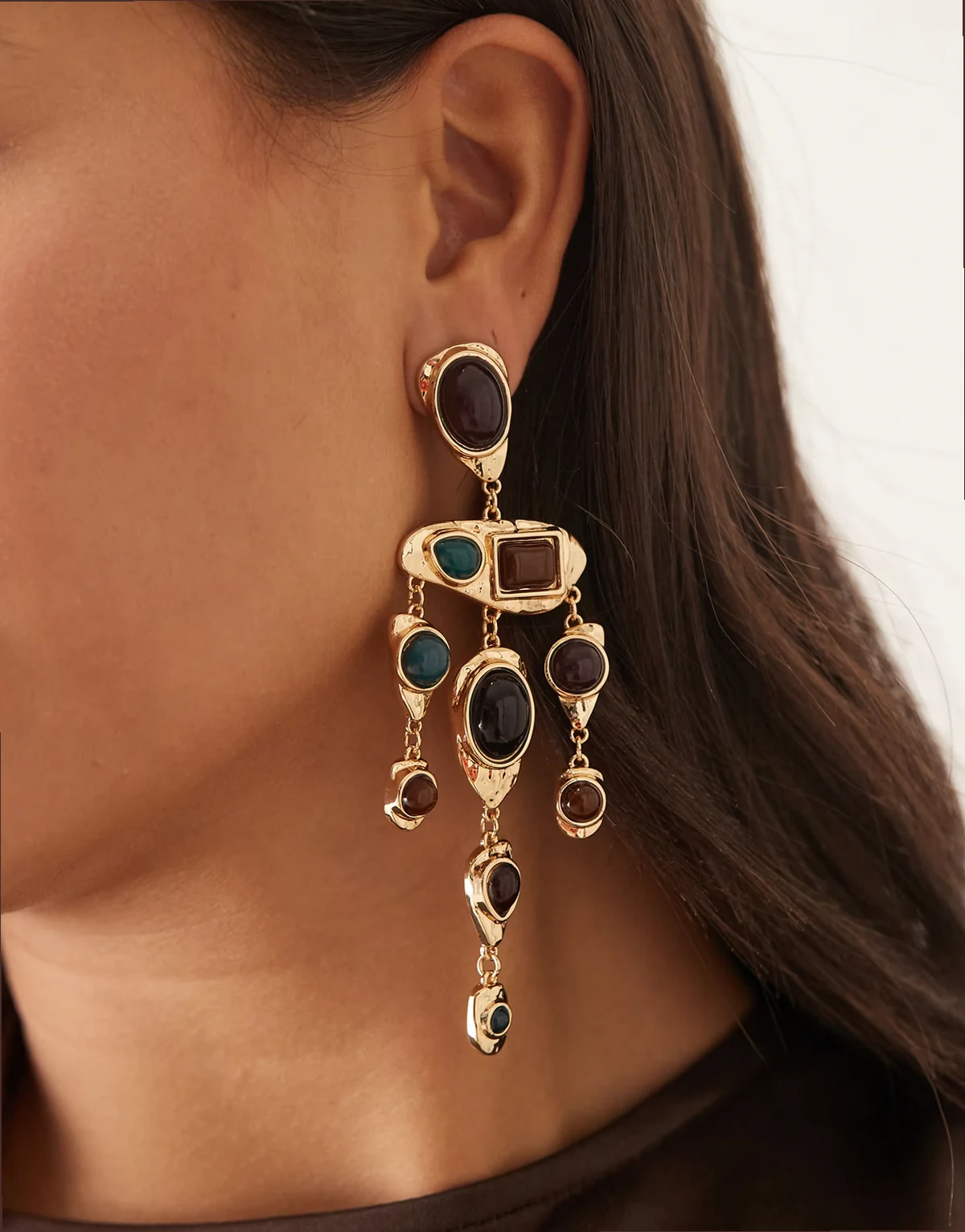 premium statement gem stone drop earrings in gold