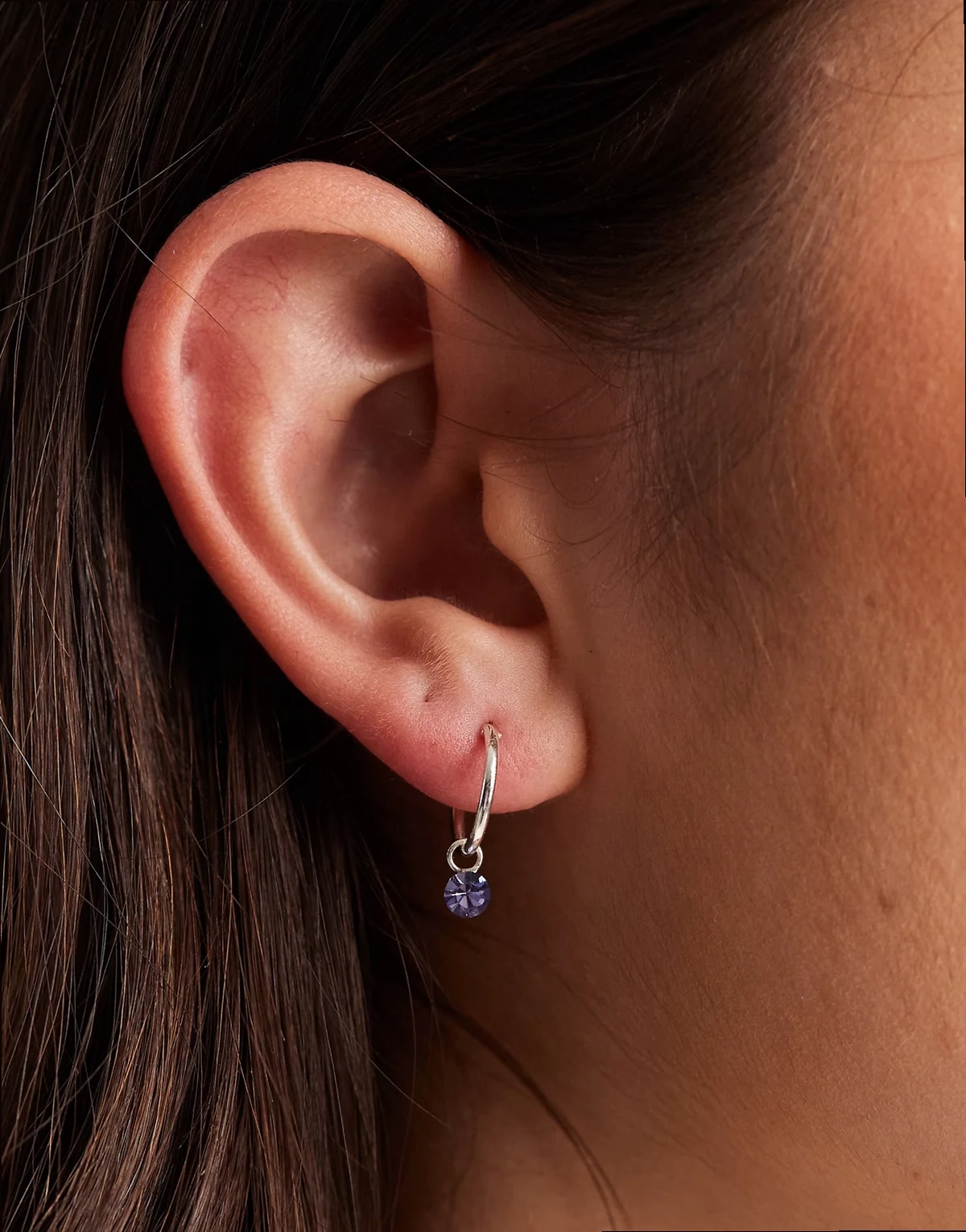 purple gemstone drop hoop earrings in silver