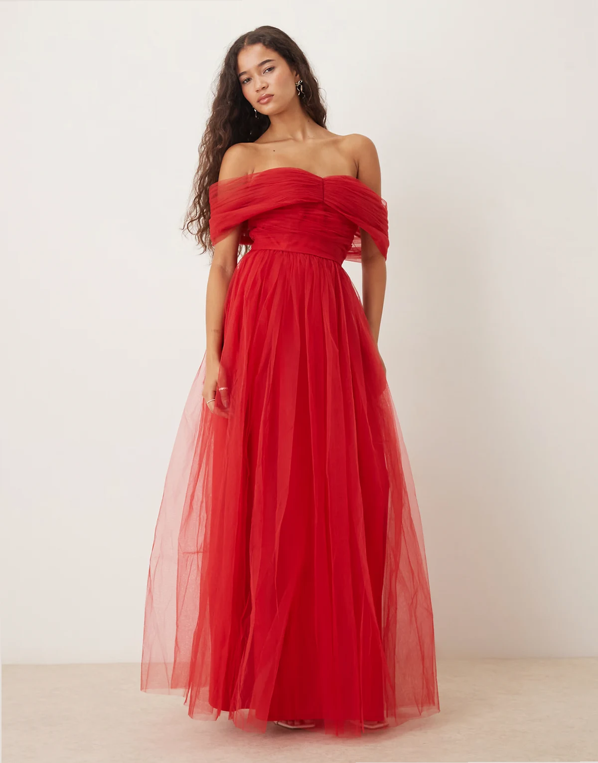 off shoulder maxi tulle dress in red