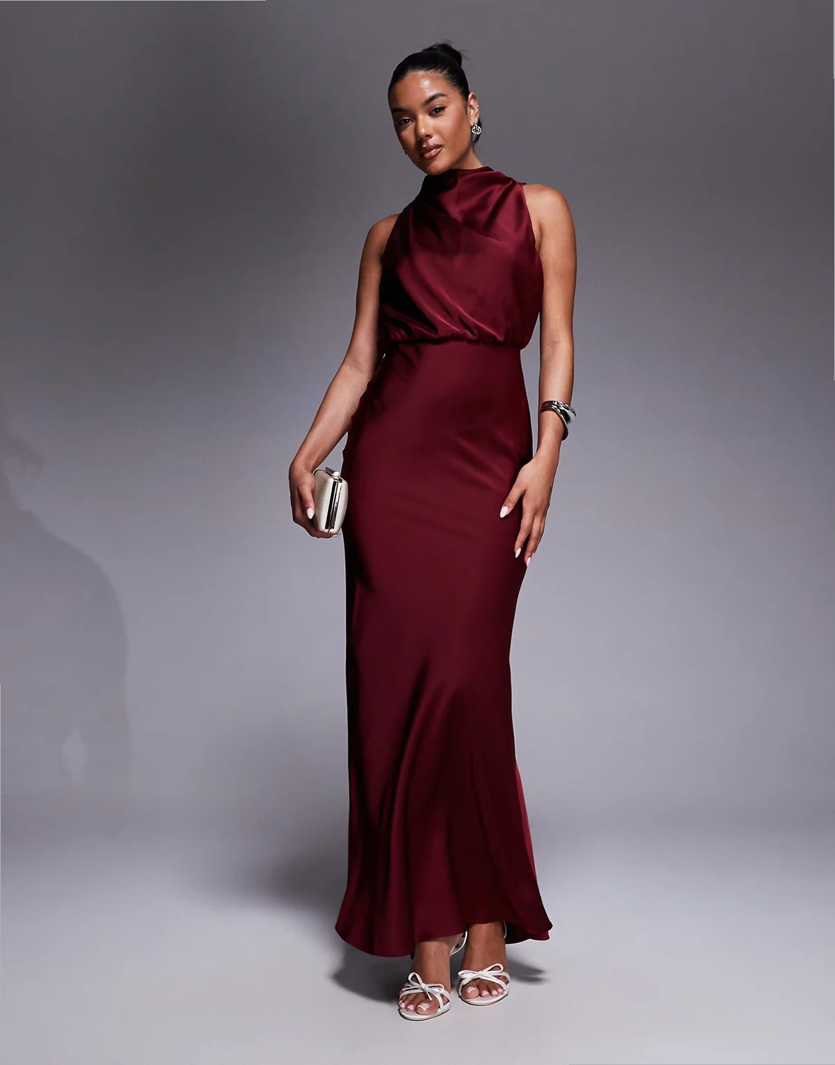 high neck satin maxi dress in burgundy