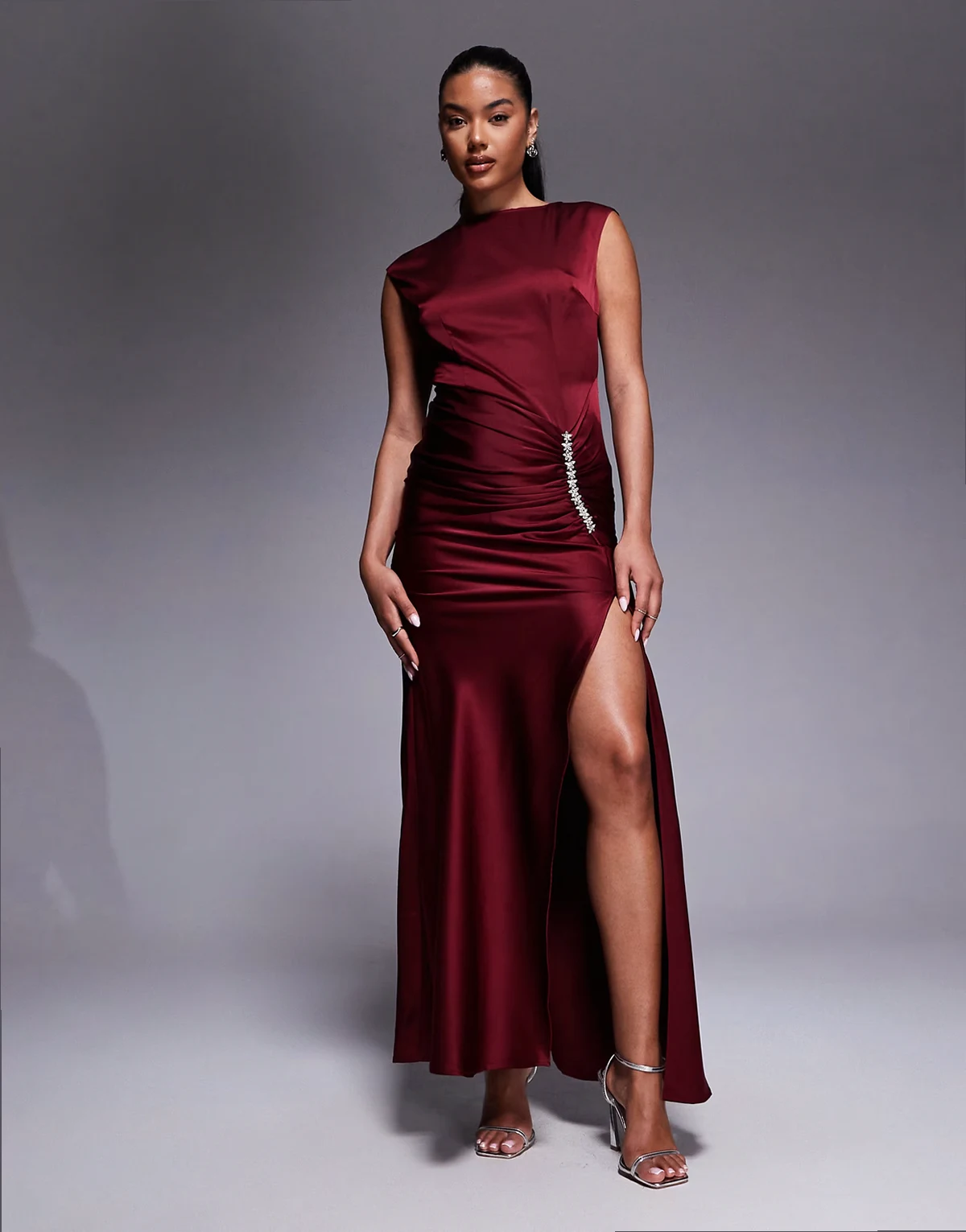 embellished satin midaxi dress with thigh slit in burgundy