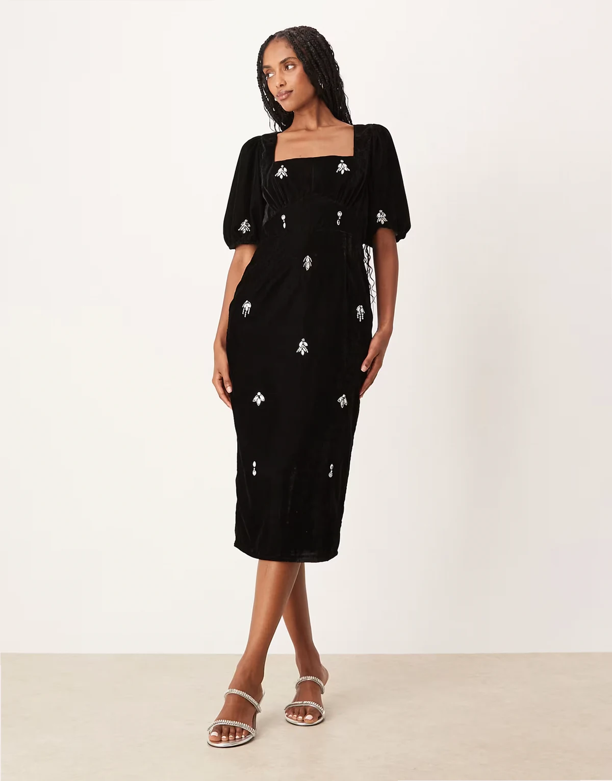 square neck embellished velvet midi dress in black