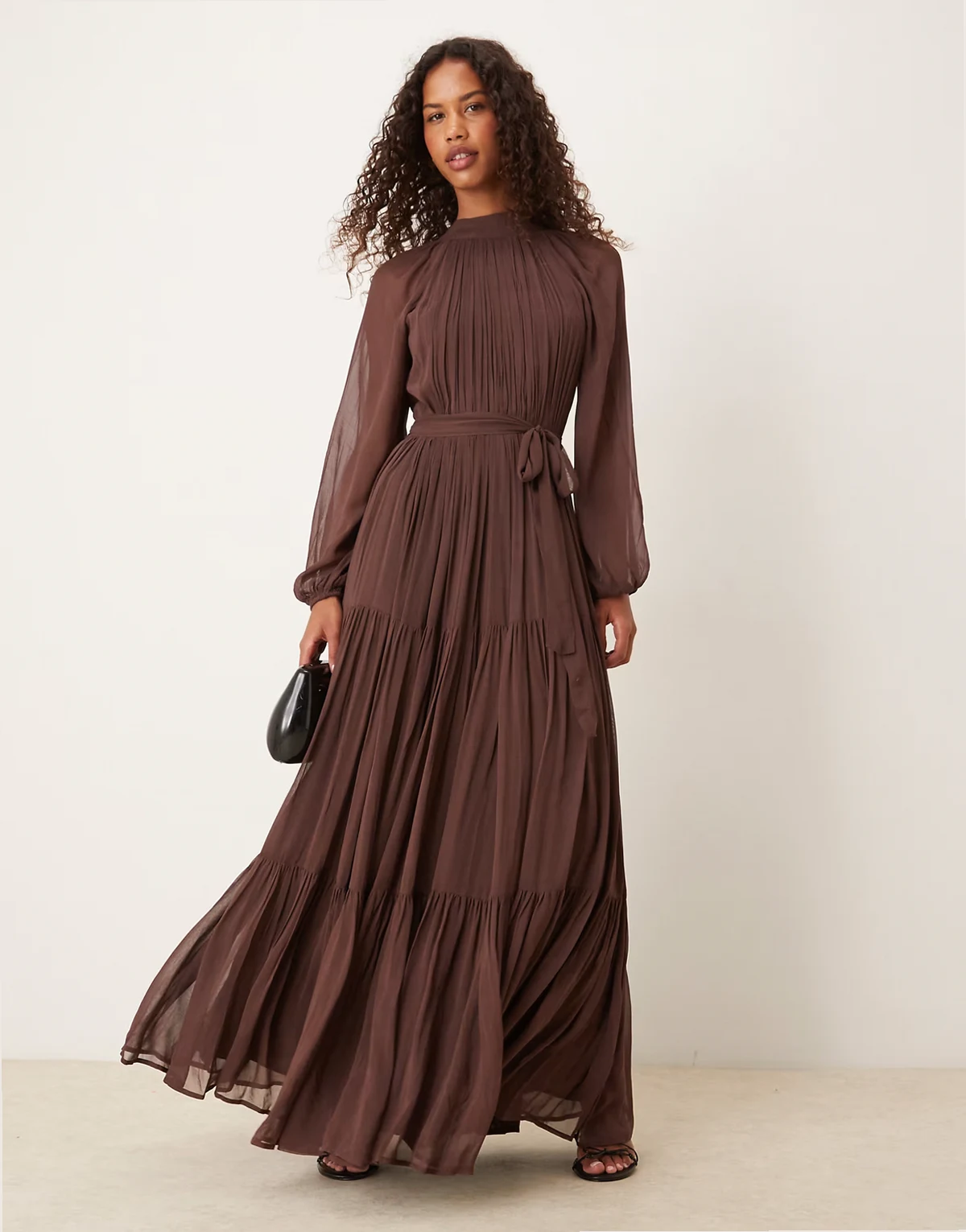 chiffon balloon sleeve maxi dress in chocolate