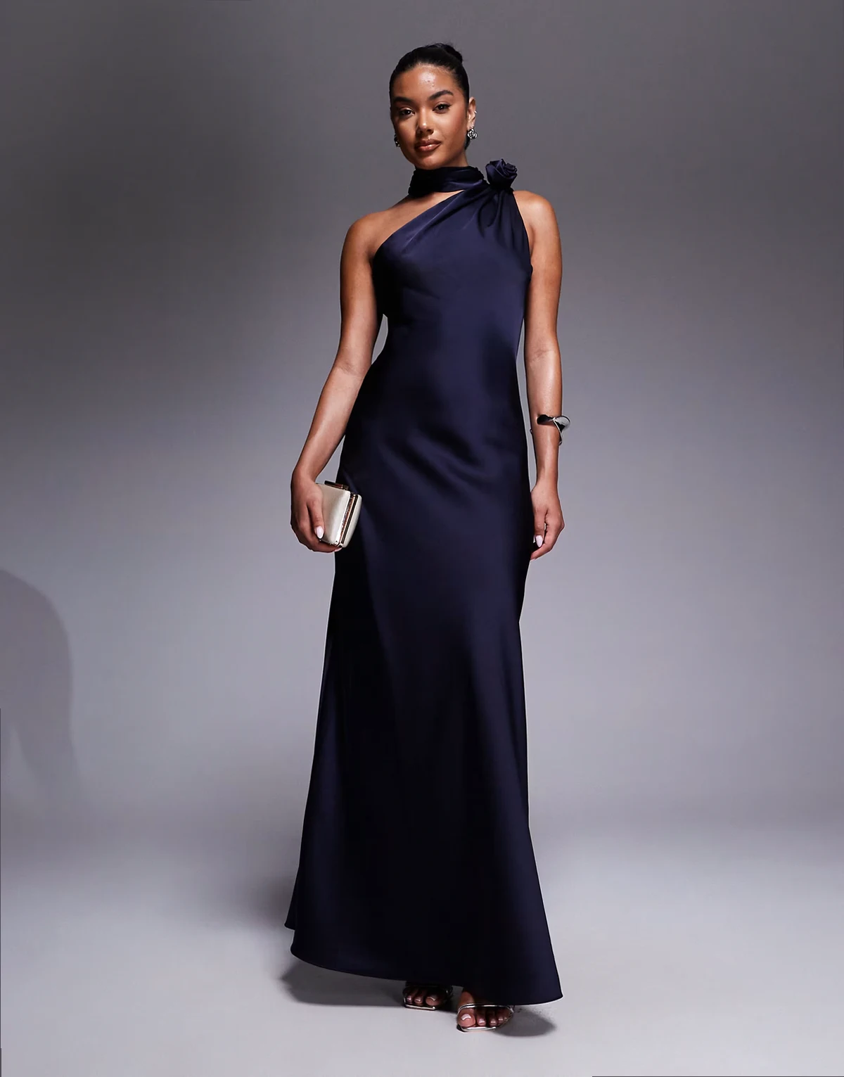 one shoulder satin maxi dress with corsage neck detail in navy