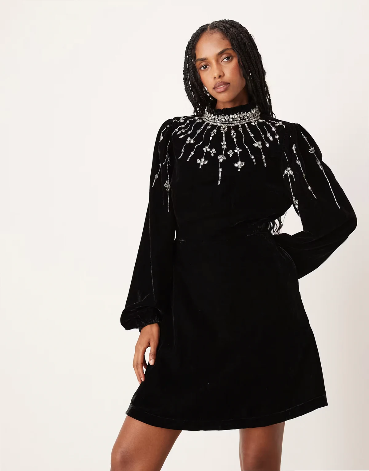 embellished high neck velvet mini dress in black