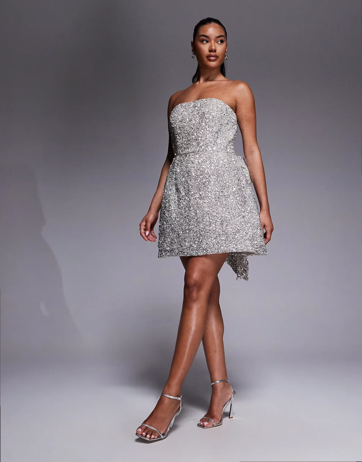 sequin structured mini dress with bow back in silver