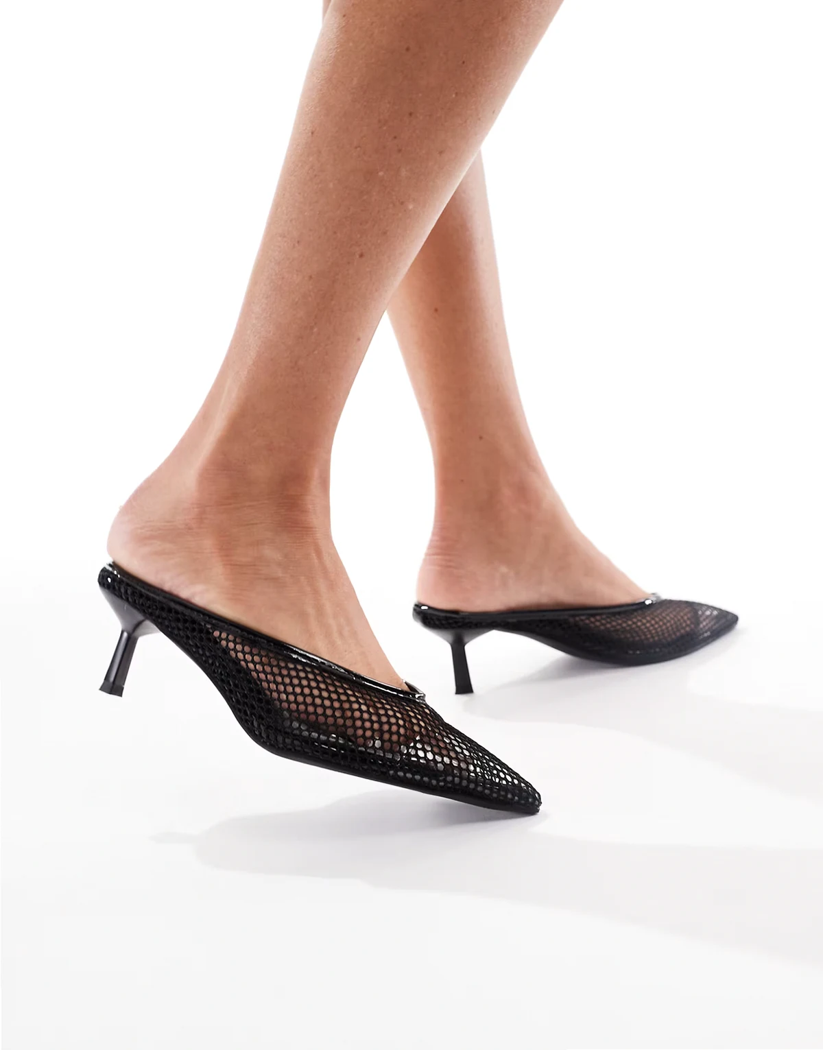 mule sandals with kitten heel in black mesh
