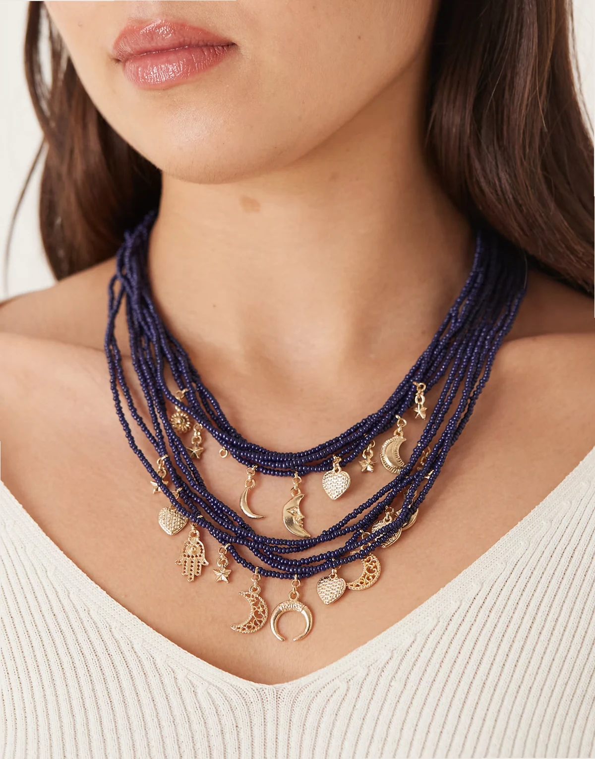 – Midnight – Mehrreihige Perlenhalskette in Schwarz mit Anhängern