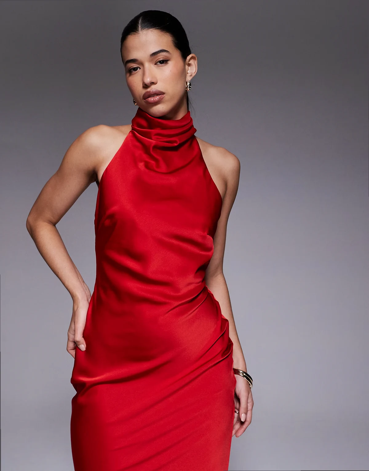 halter neck satin midi dress in red