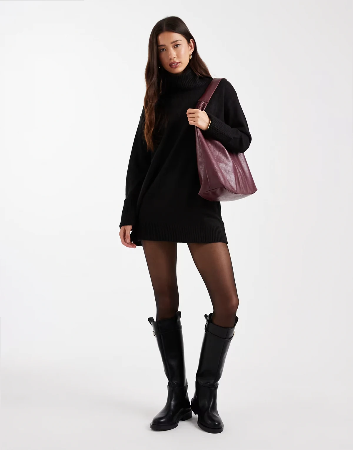 roll neck mini sweater dress in black