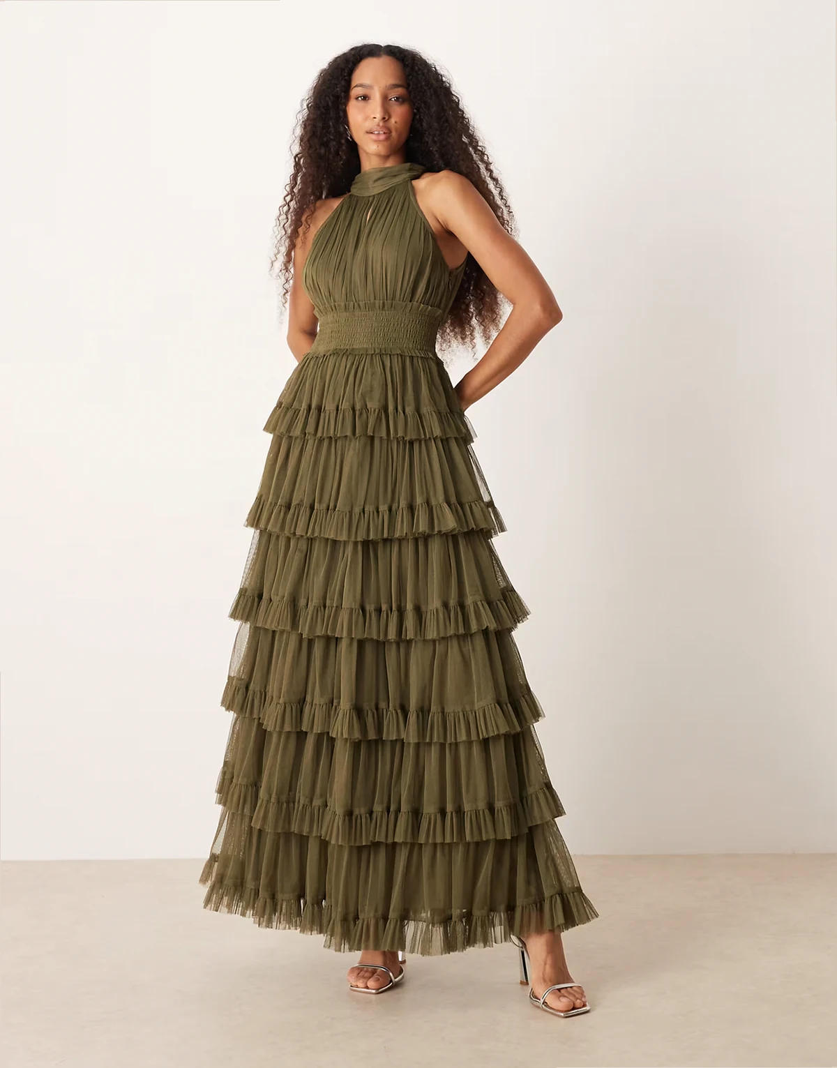 high neck tiered tulle maxi dress in olive