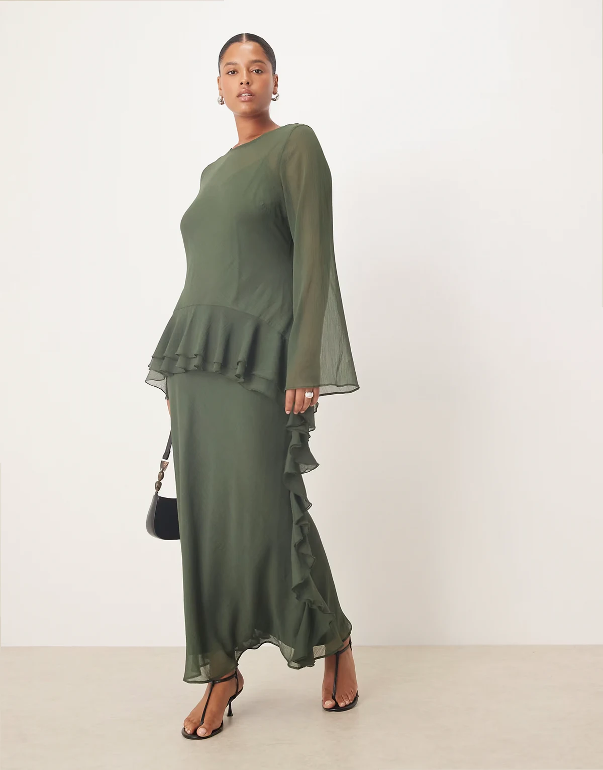 ASOS DESIGN Curve – Ciemnozielona szyfonowa sukienka maxi z długimi rękawami i falbanką u dołu