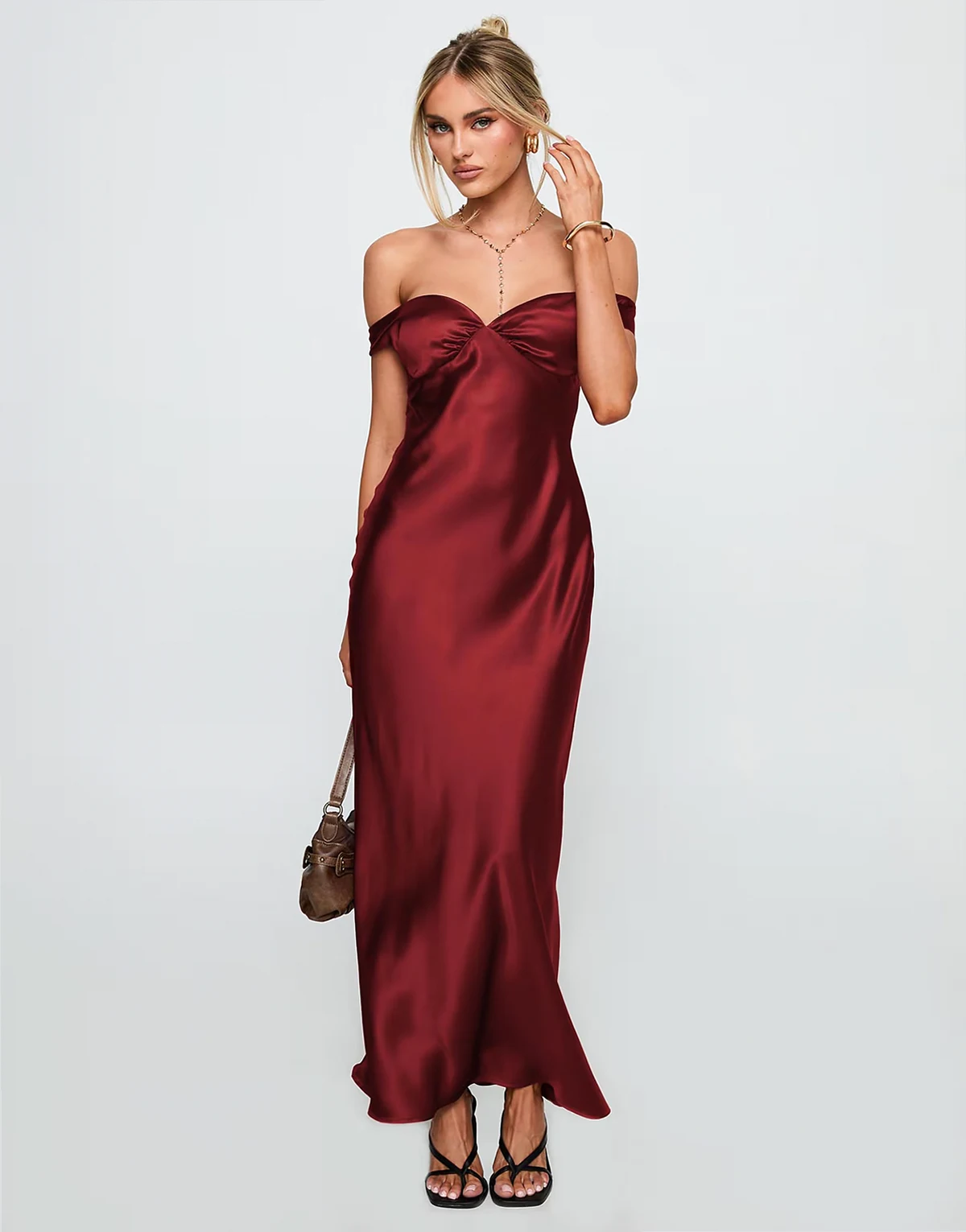 Heartthrobs satin ruched bust off shoulder open back maxi dress in dress in red