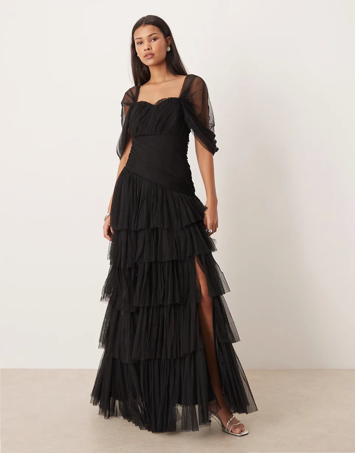 asymmetric ruffled tulle maxi dress in black