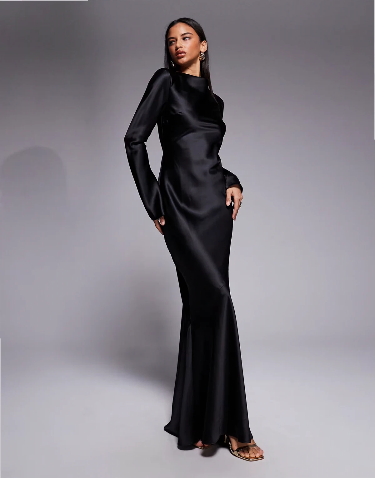 satin bias long sleeve seam detail maxi dress in black