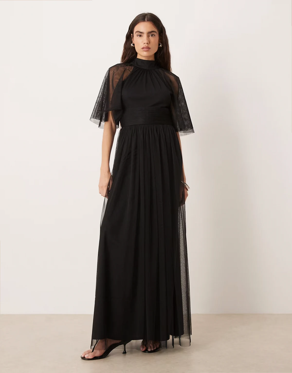 tulle high neck sheer flutter sleeve maxi dress in black