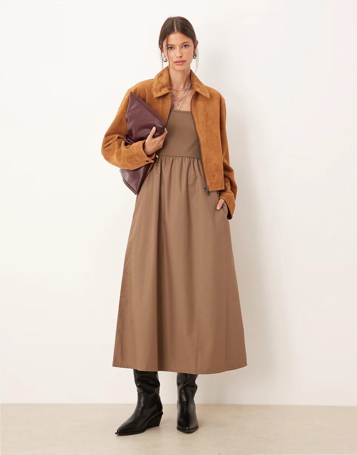 long sleeve square neck midi dress with poplin skirt in mushroom