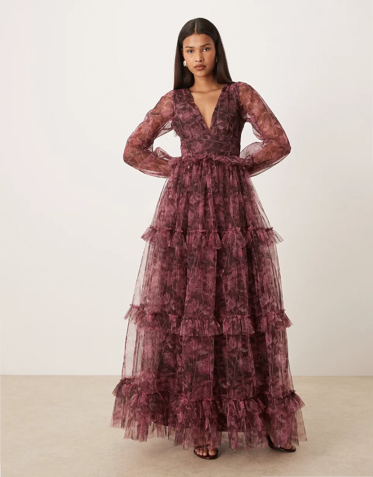 Lace and Beads tulle plunge neck sheer sleeve tiered maxi dress in berry floral