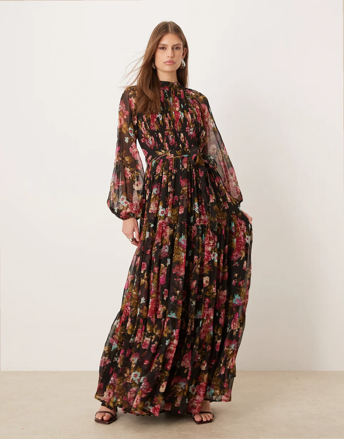 Bridesmaid Violetta long sleeve maxi dress in black floral print