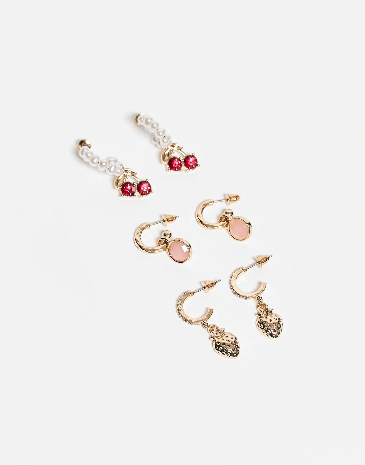– Zestaw 3 par różowych kolczyków-kółek ze sztucznymi perełkami