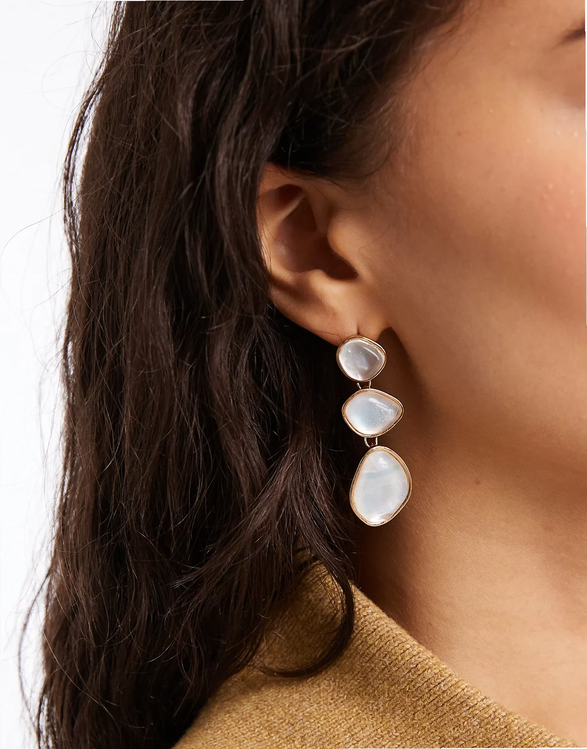 triple moonstone drop earrings in gold