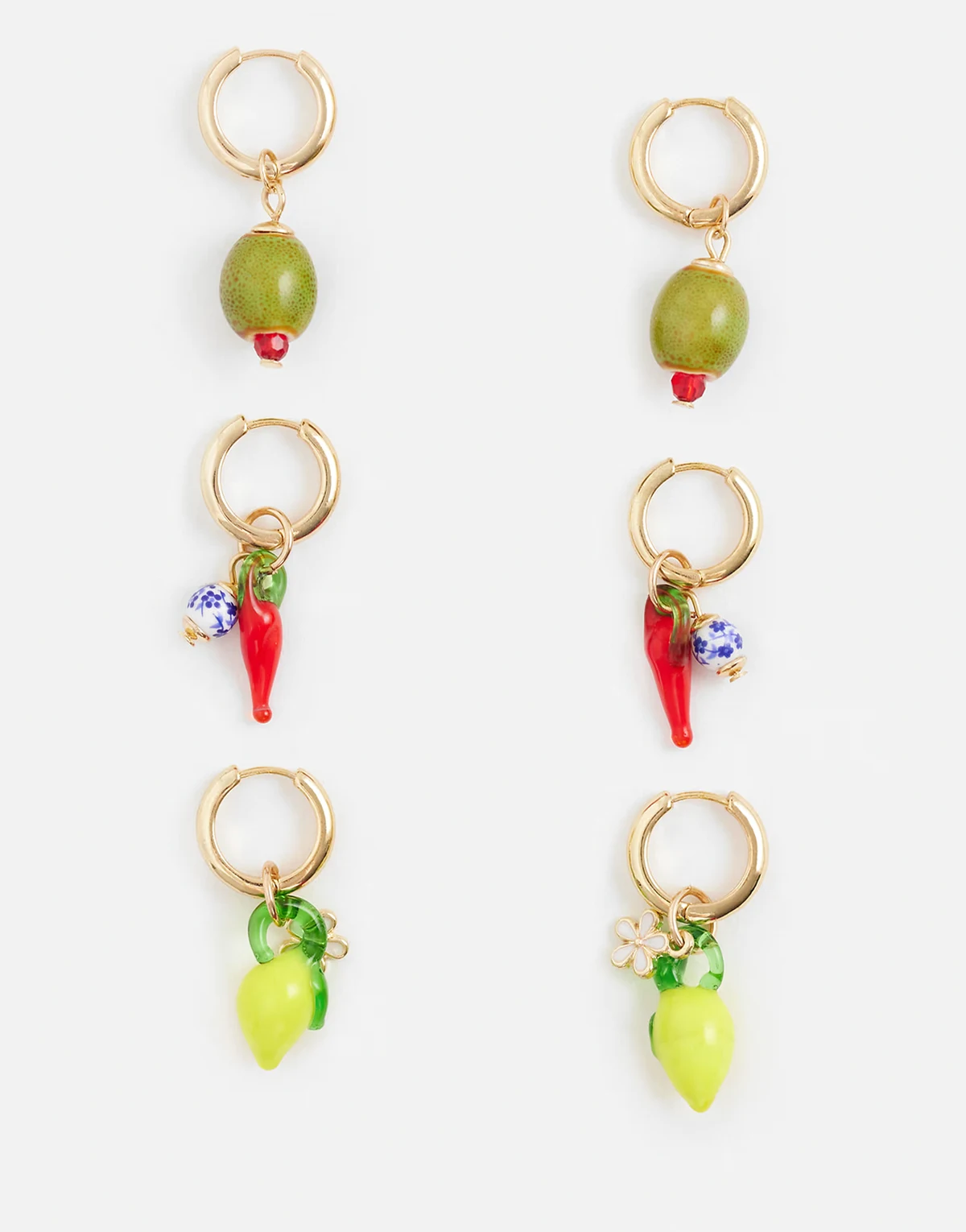 3 pack glass food motif huggie hoop earrings in multi