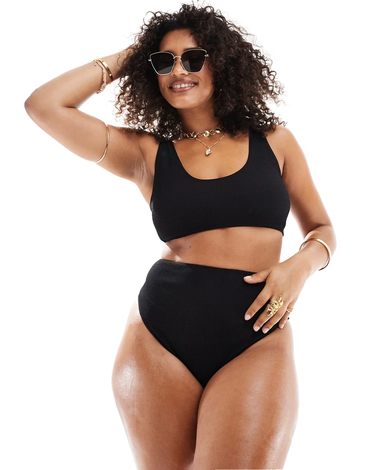 ASOS DESIGN Curve – Amy – Mieszaj i łącz – Czarna obcisła góra od bikini z gniecionej tkaniny z dekoltem w kształcie litery U