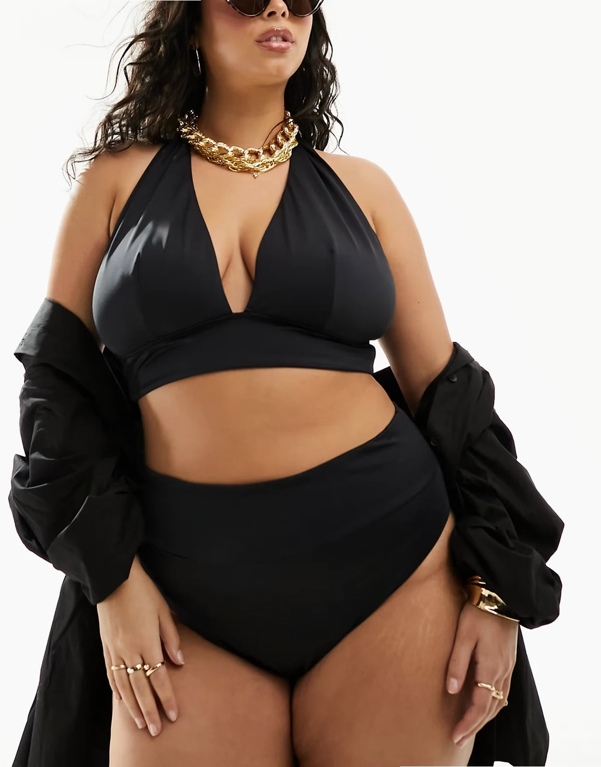 ASOS DESIGN Curve – Maya – Mieszaj i łącz – Czarny dół od bikini z wysokim stanem i szeroką taśmą w talii