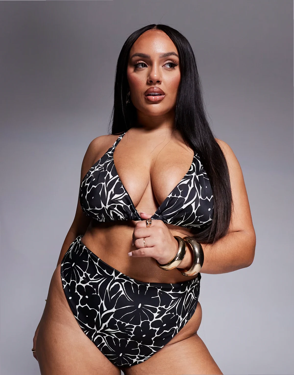 ASOS DESIGN Curve halter high apex triangle bikini top in mono floral