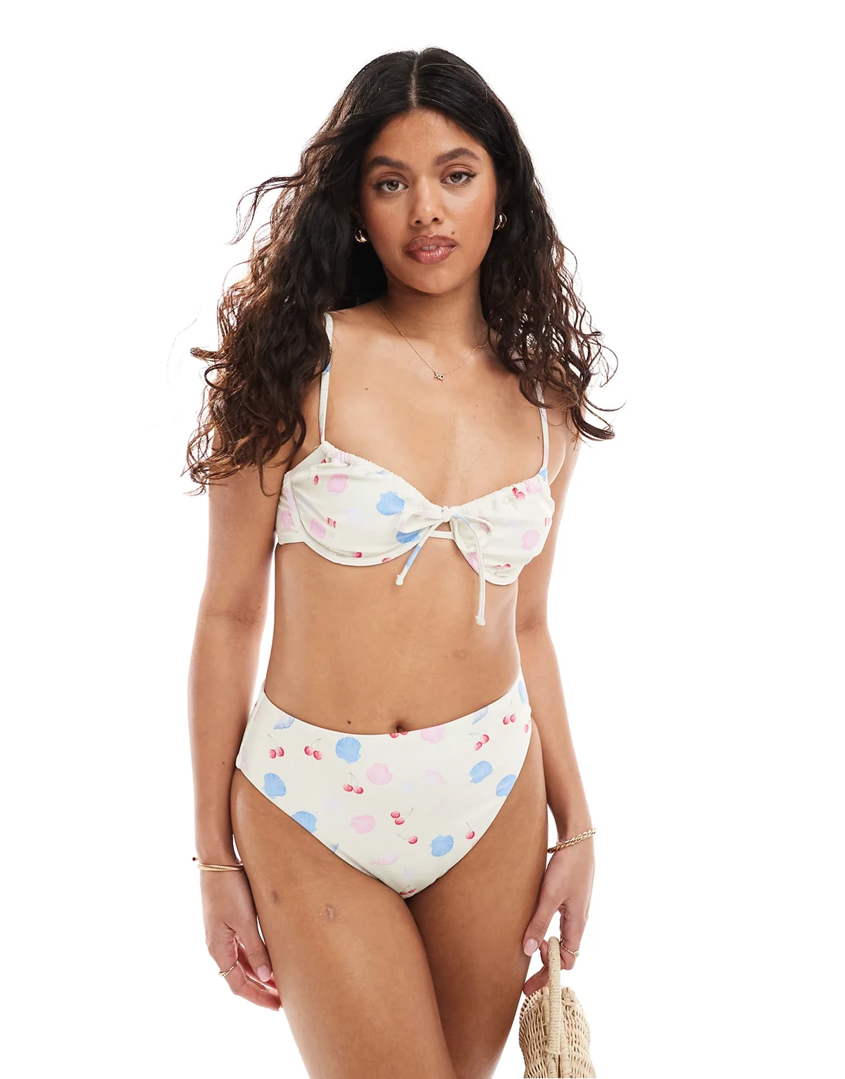 underwired tie front detail bikini top in seashell print - part of a set